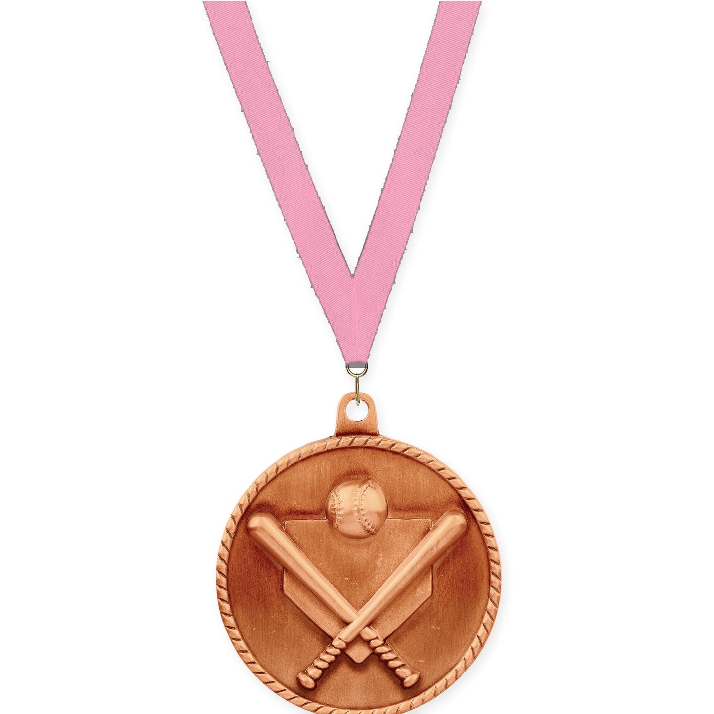 2 inch baseball and softball High Relief medal in antique bronze with Pink neck ribbon