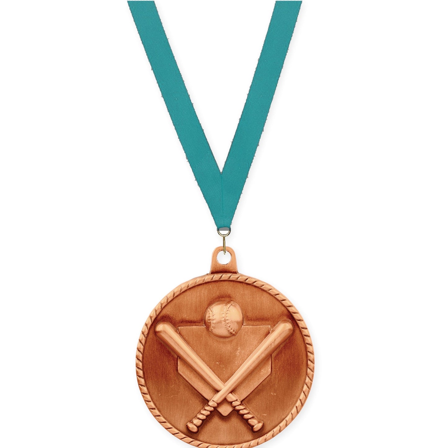 2 inch baseball and softball High Relief medal in antique bronze with Teal neck ribbon