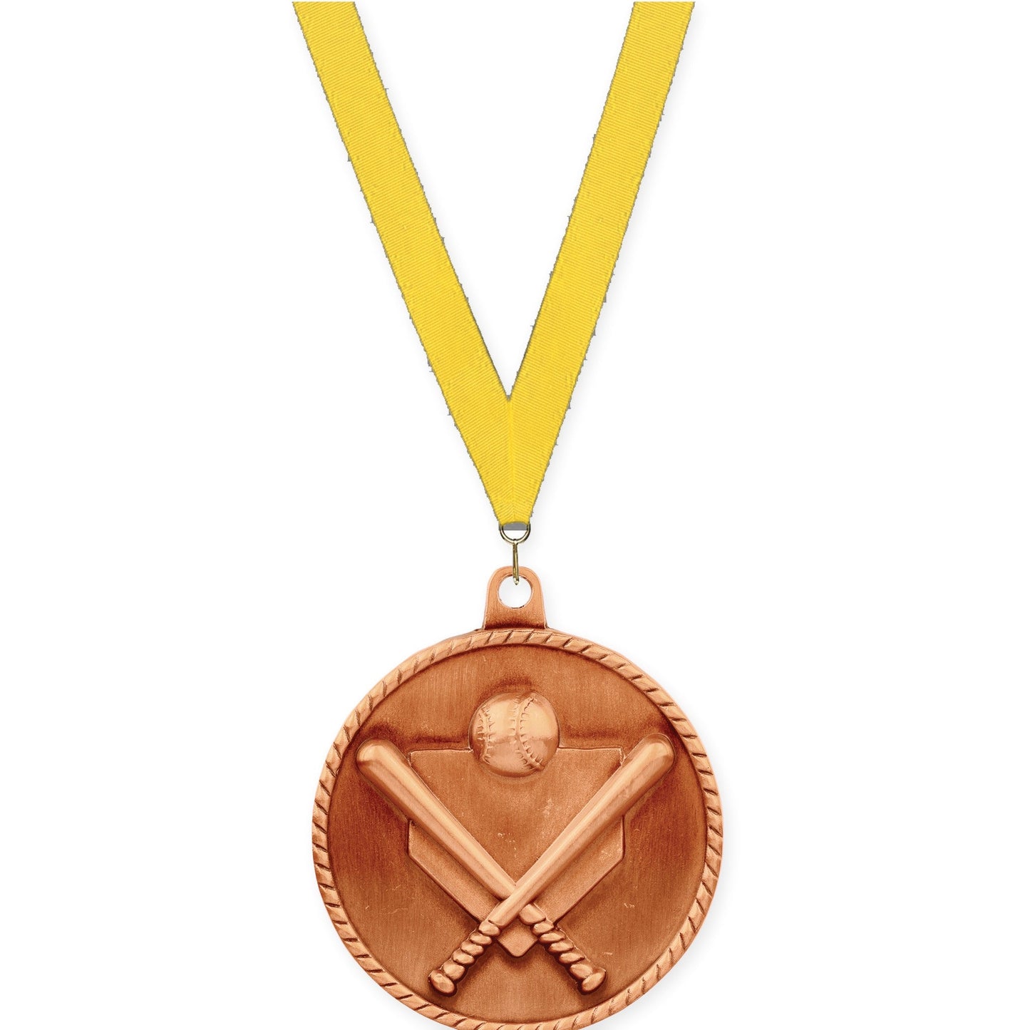 2 inch baseball and softball High Relief medal in antique bronze with Yellow neck ribbon