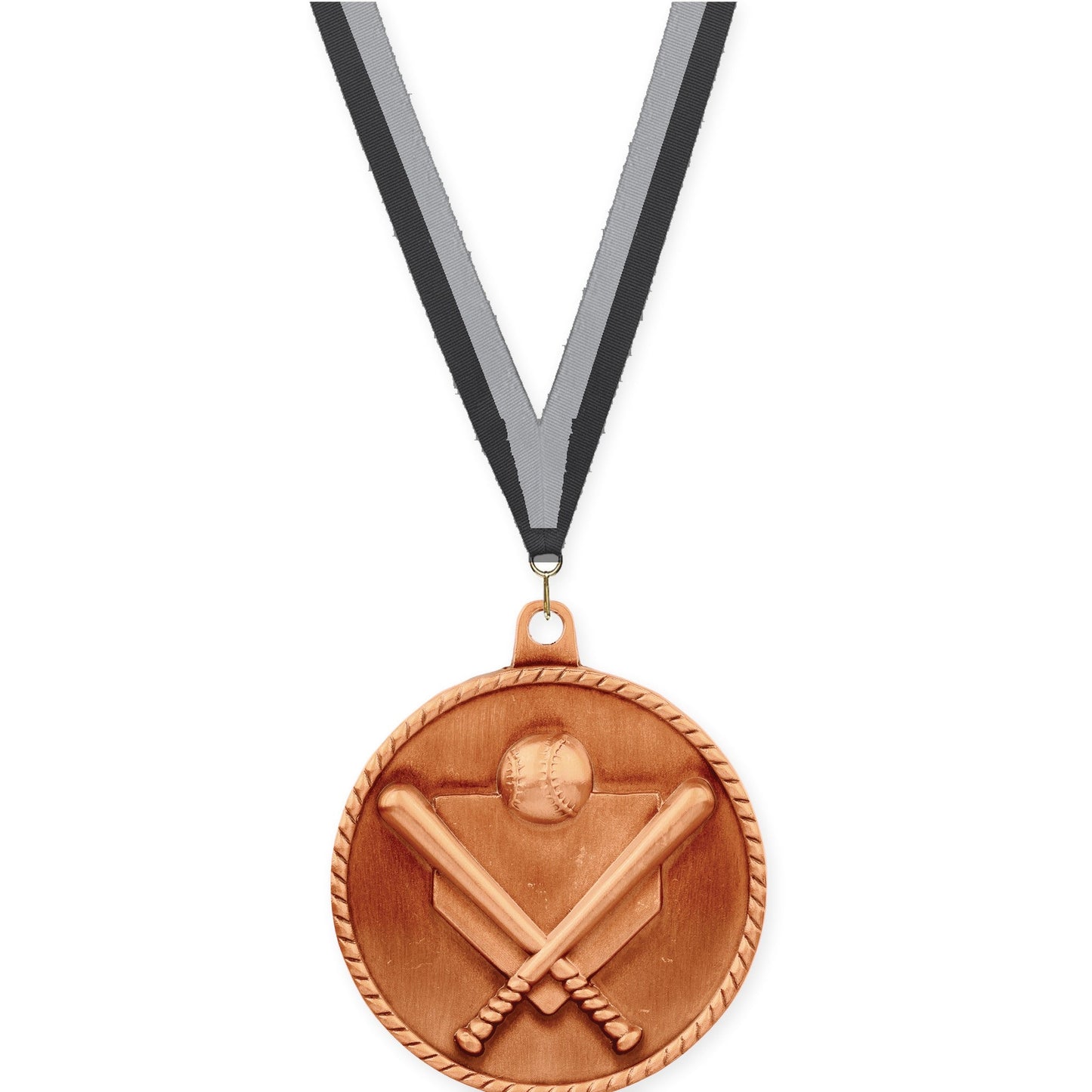 2 inch baseball and softball High Relief medal in antique bronze with Black Gray neck ribbon