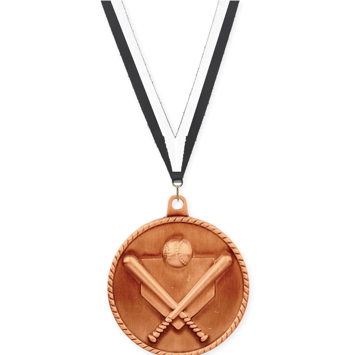 2 inch baseball and softball High Relief medal in antique bronze with Black White neck ribbon