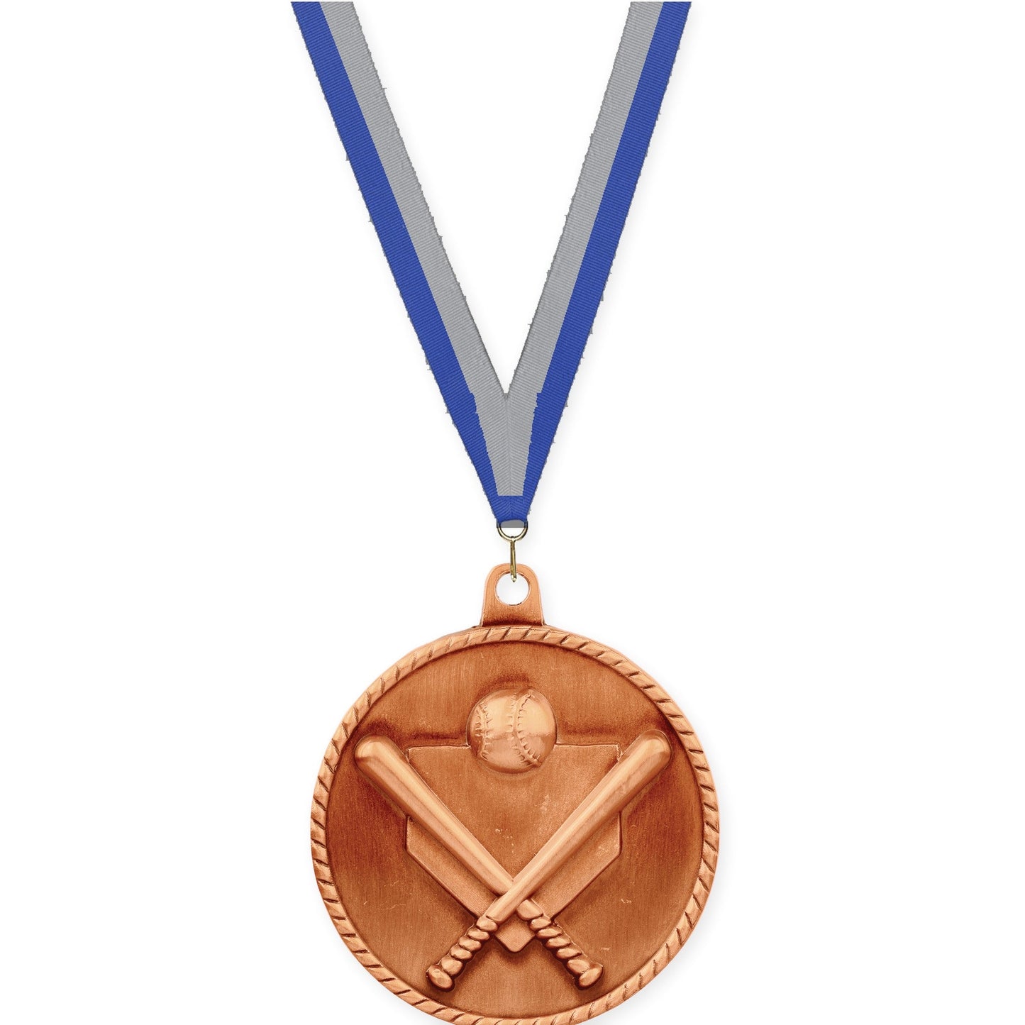 2 inch baseball and softball High Relief medal in antique bronze with Blue Gray neck ribbon