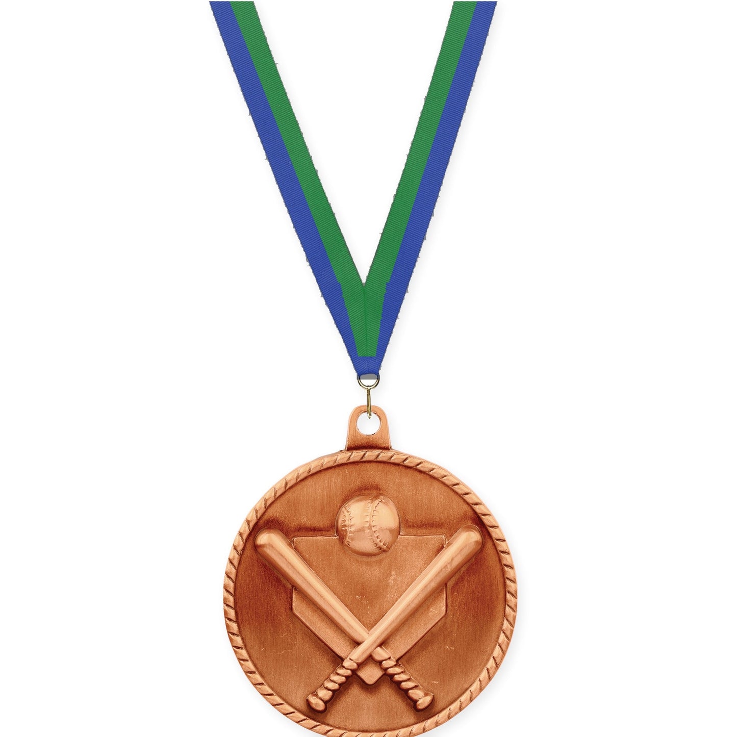 2 inch baseball and softball High Relief medal in antique bronze with Blue Green neck ribbon