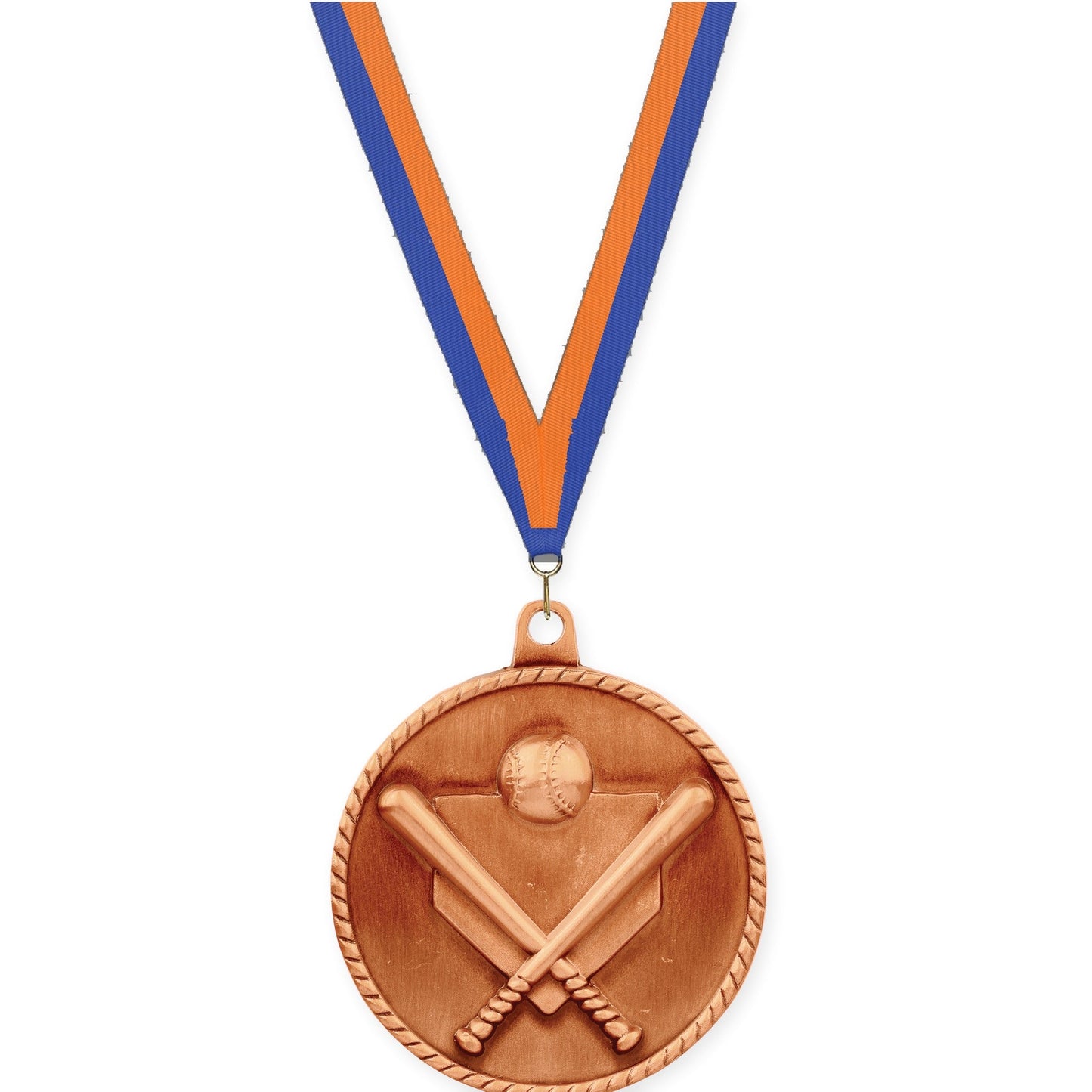 2 inch baseball and softball High Relief medal in antique bronze with Blue Orange neck ribbon
