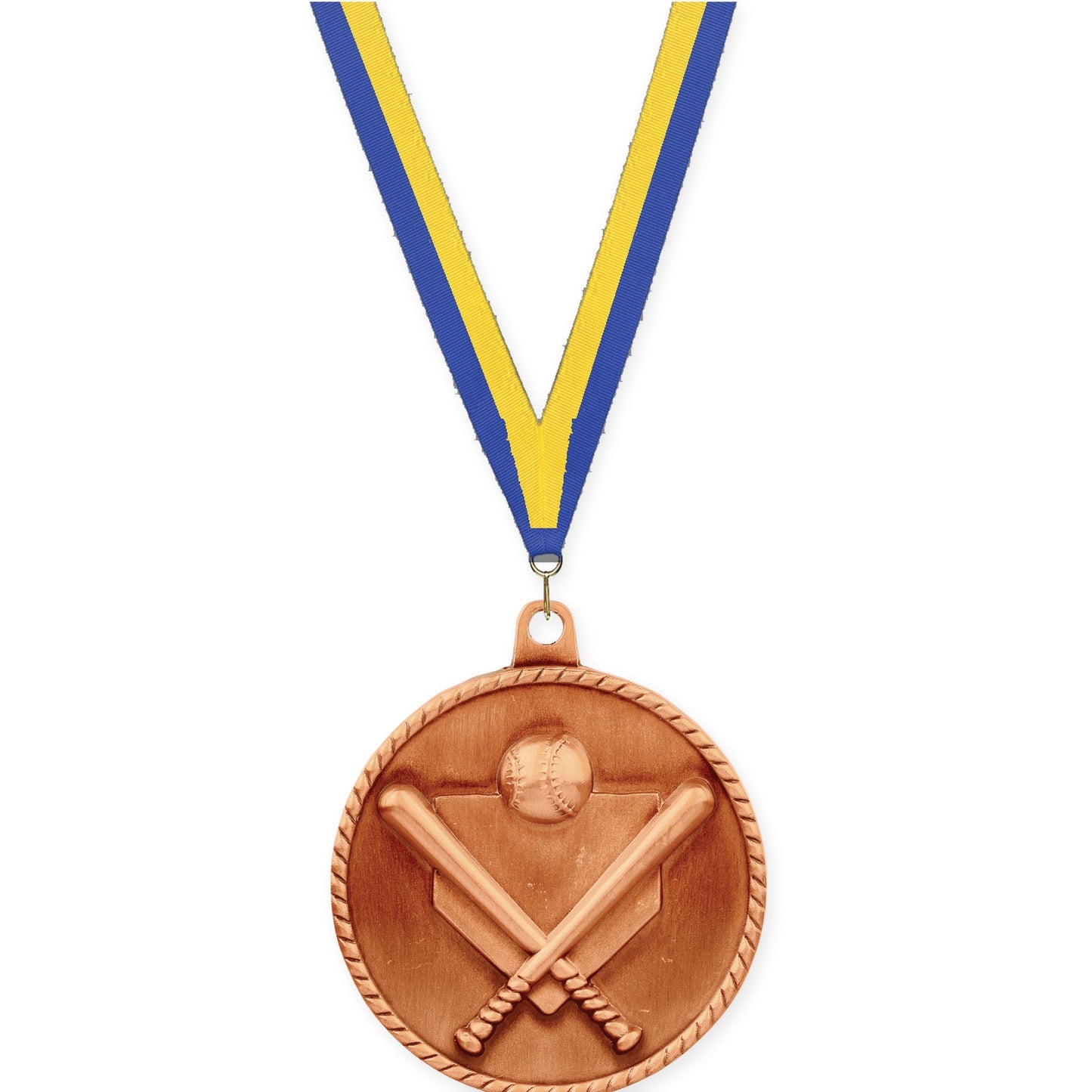 2 inch baseball and softball High Relief medal in antique bronze with Blue Yellow neck ribbon