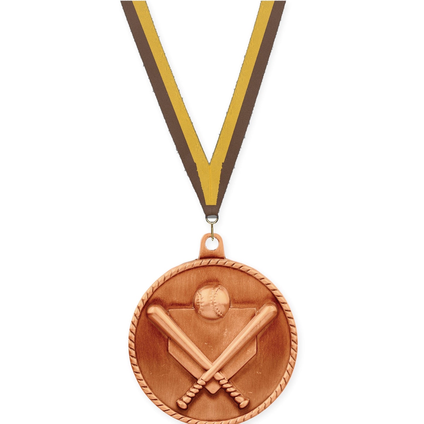 2 inch baseball and softball High Relief medal in antique bronze with Brown Gold neck ribbon