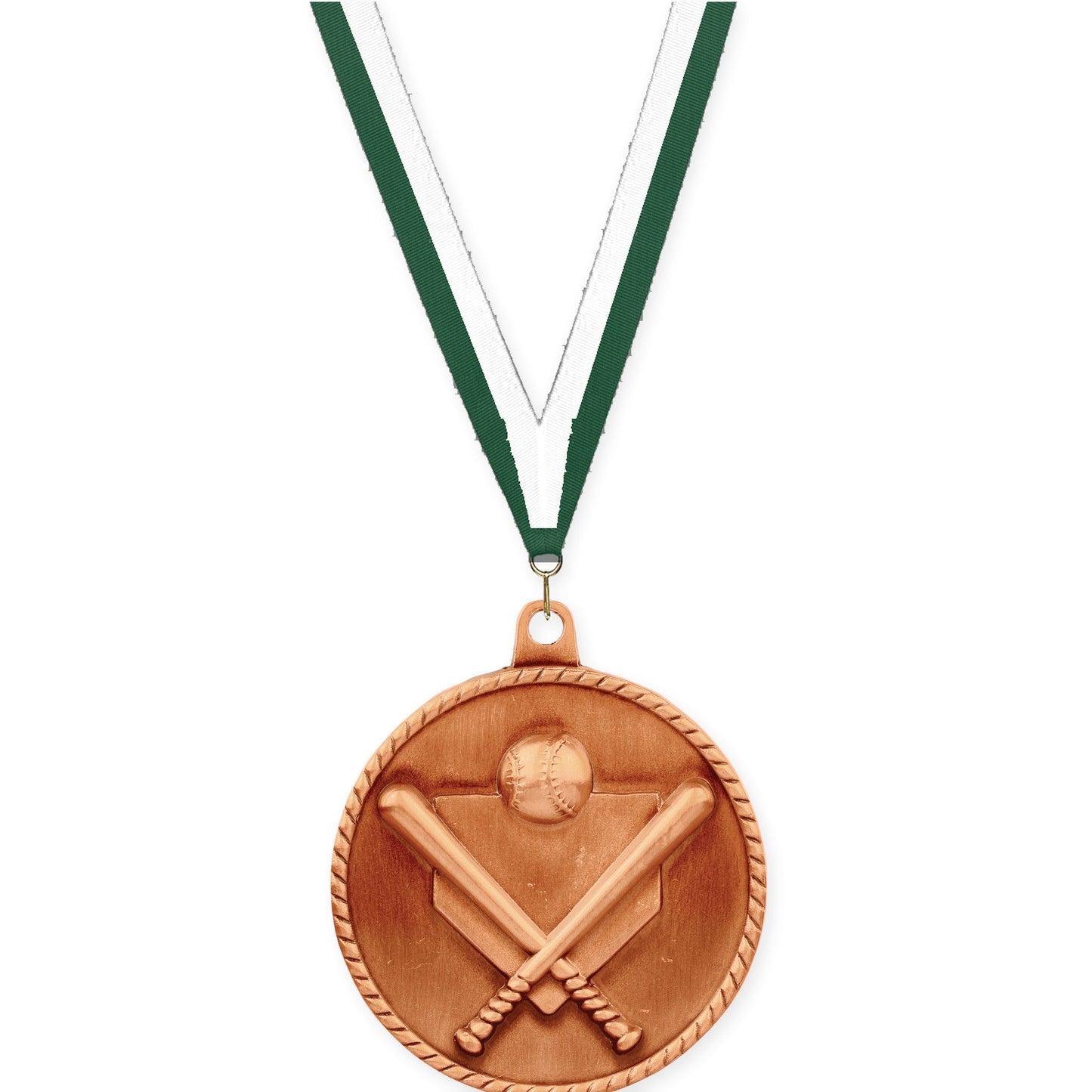 2 inch baseball and softball High Relief medal in antique bronze with Hunter Green White neck ribbon