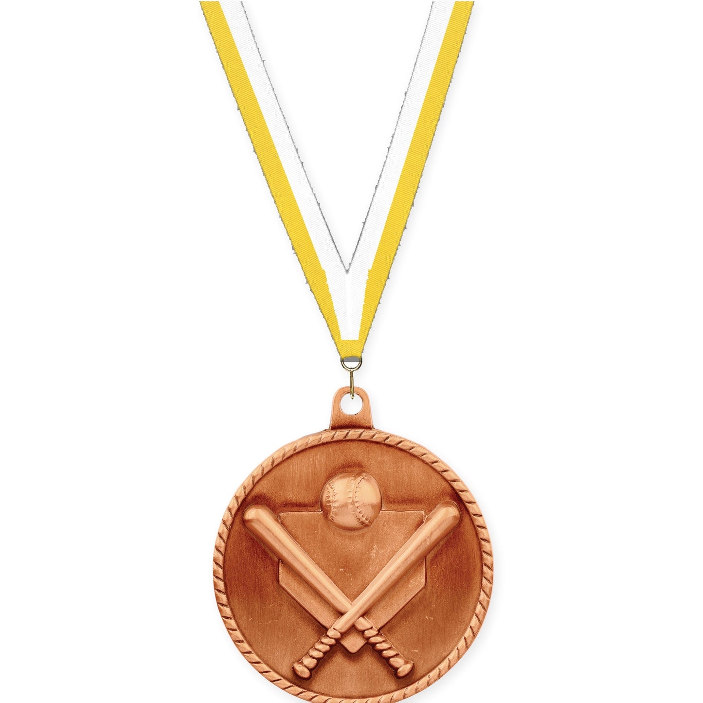 2 inch baseball and softball High Relief medal in antique bronze with Yellow White neck ribbon