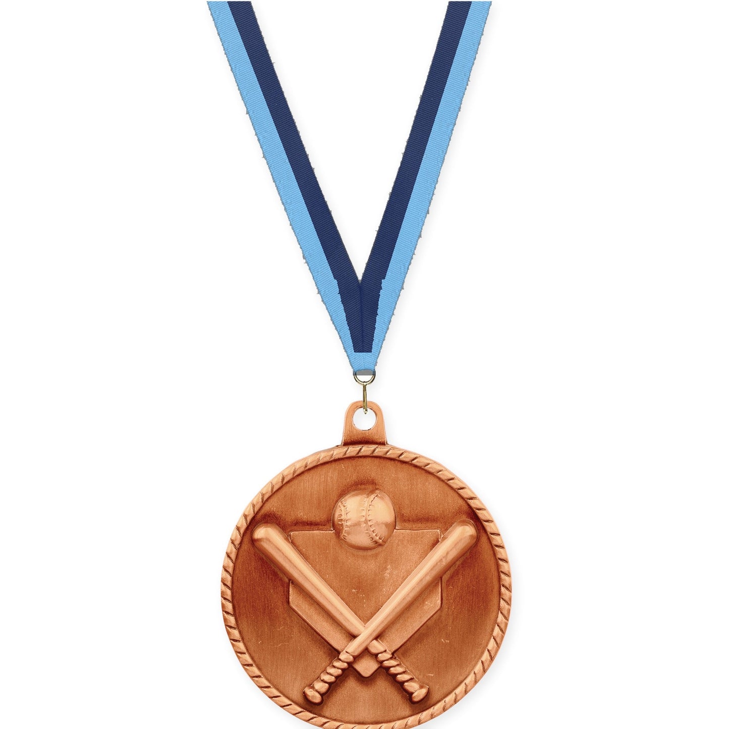 2 inch baseball and softball High Relief medal in antique bronze with Light Blue Navy neck ribbon