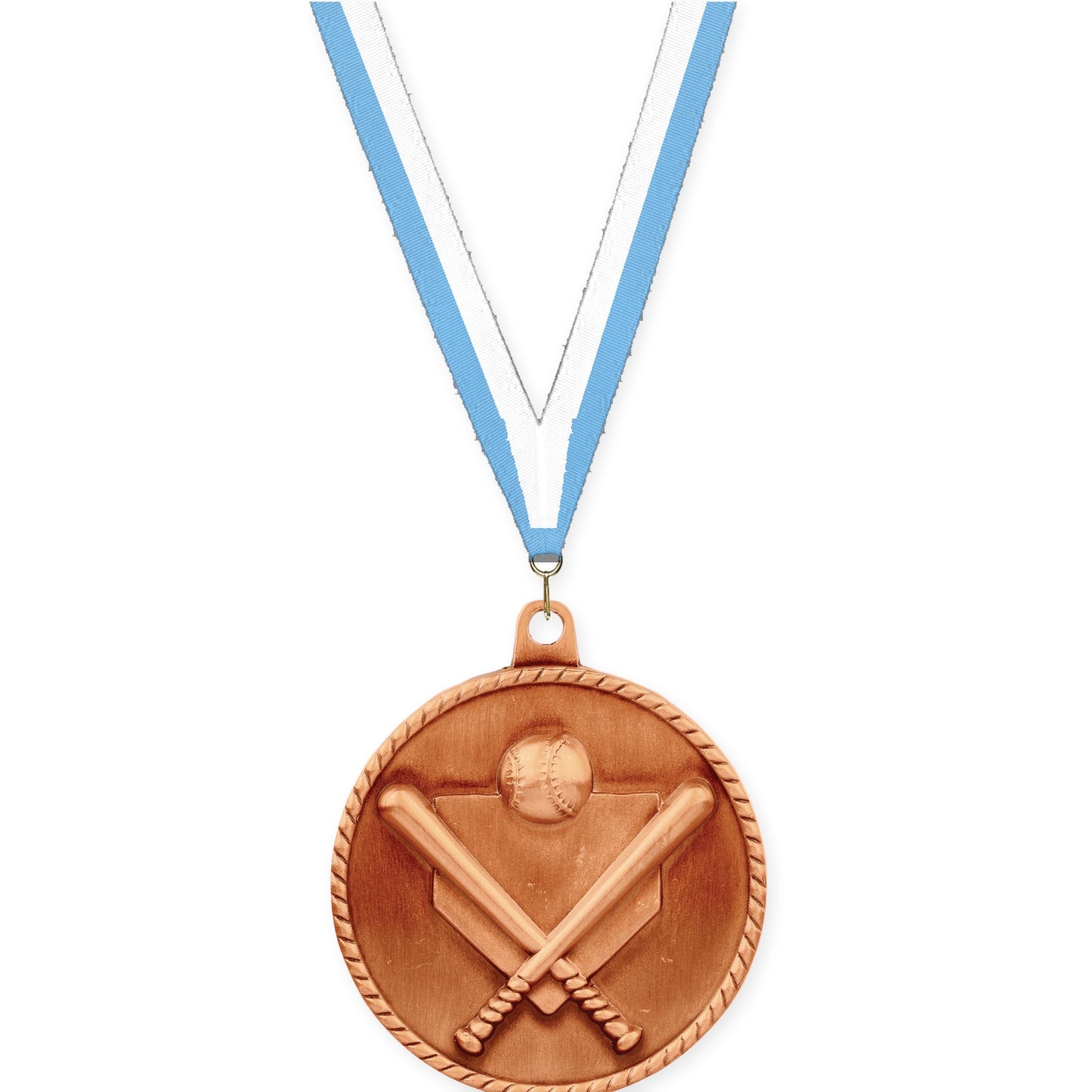 2 inch baseball and softball High Relief medal in antique bronze with Light Blue White neck ribbon