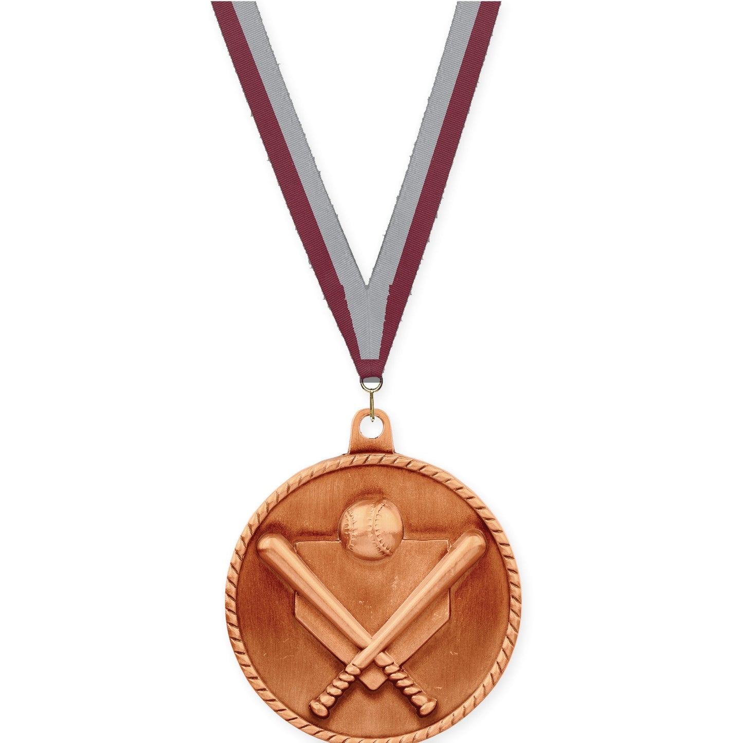 2 inch baseball and softball High Relief medal in antique bronze with Maroon Gray neck ribbon