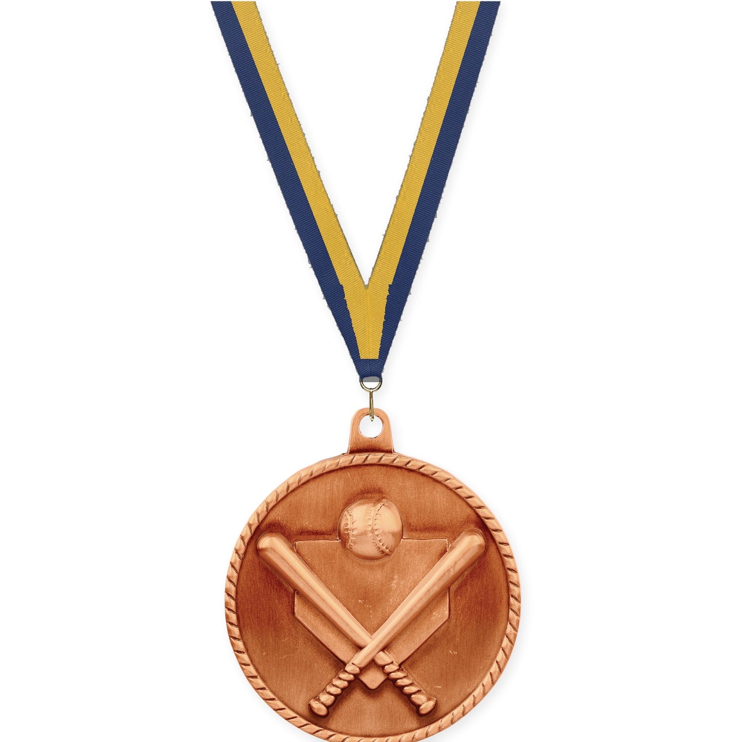 2 inch baseball and softball High Relief medal in antique bronze with Navy Gold neck ribbon