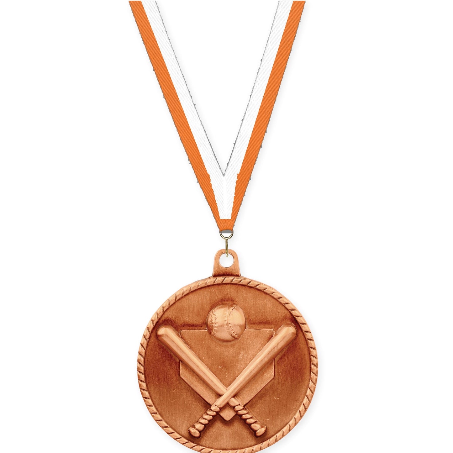 2 inch baseball and softball High Relief medal in antique bronze with Orange White neck ribbon