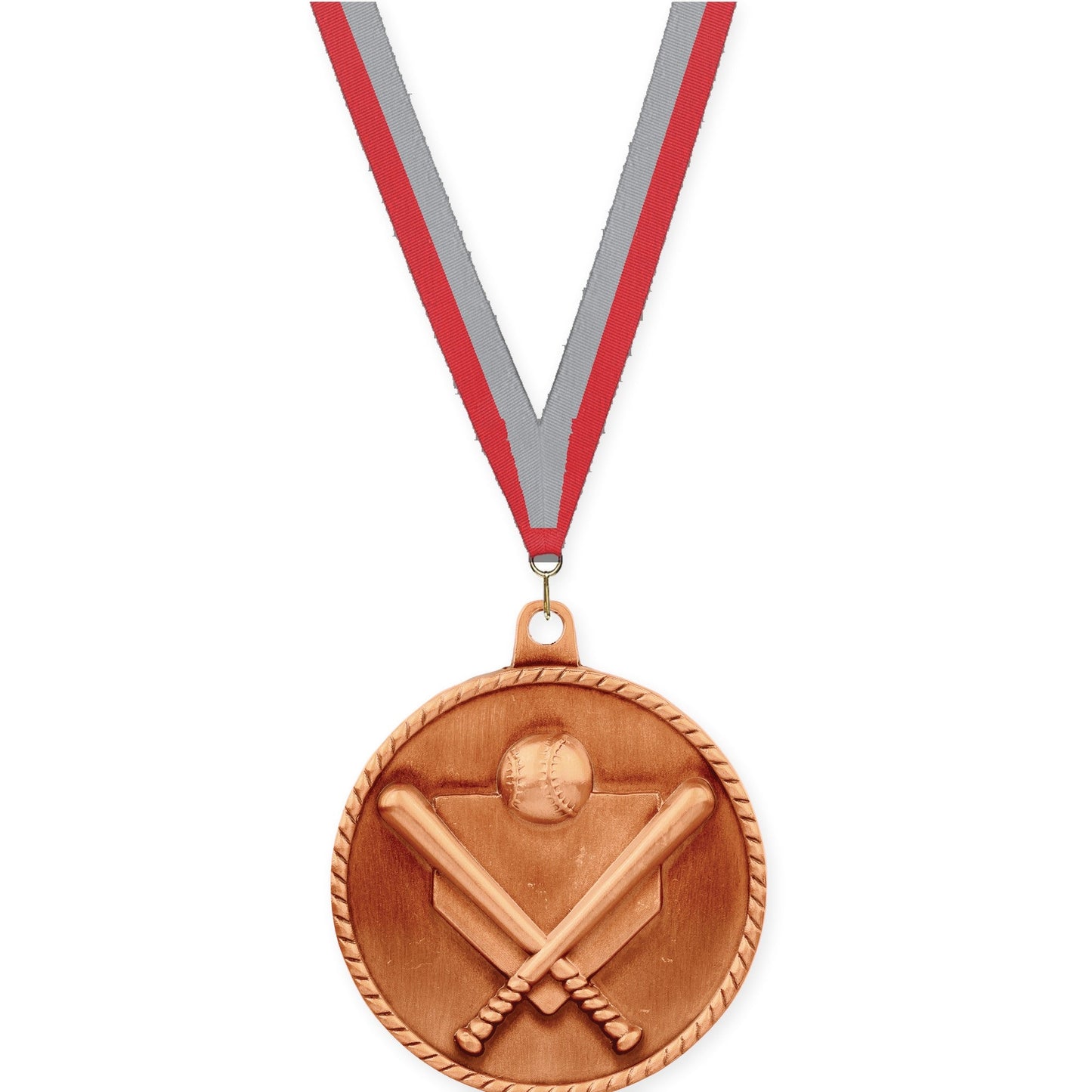 2 inch baseball and softball High Relief medal in antique bronze with Red Gray neck ribbon