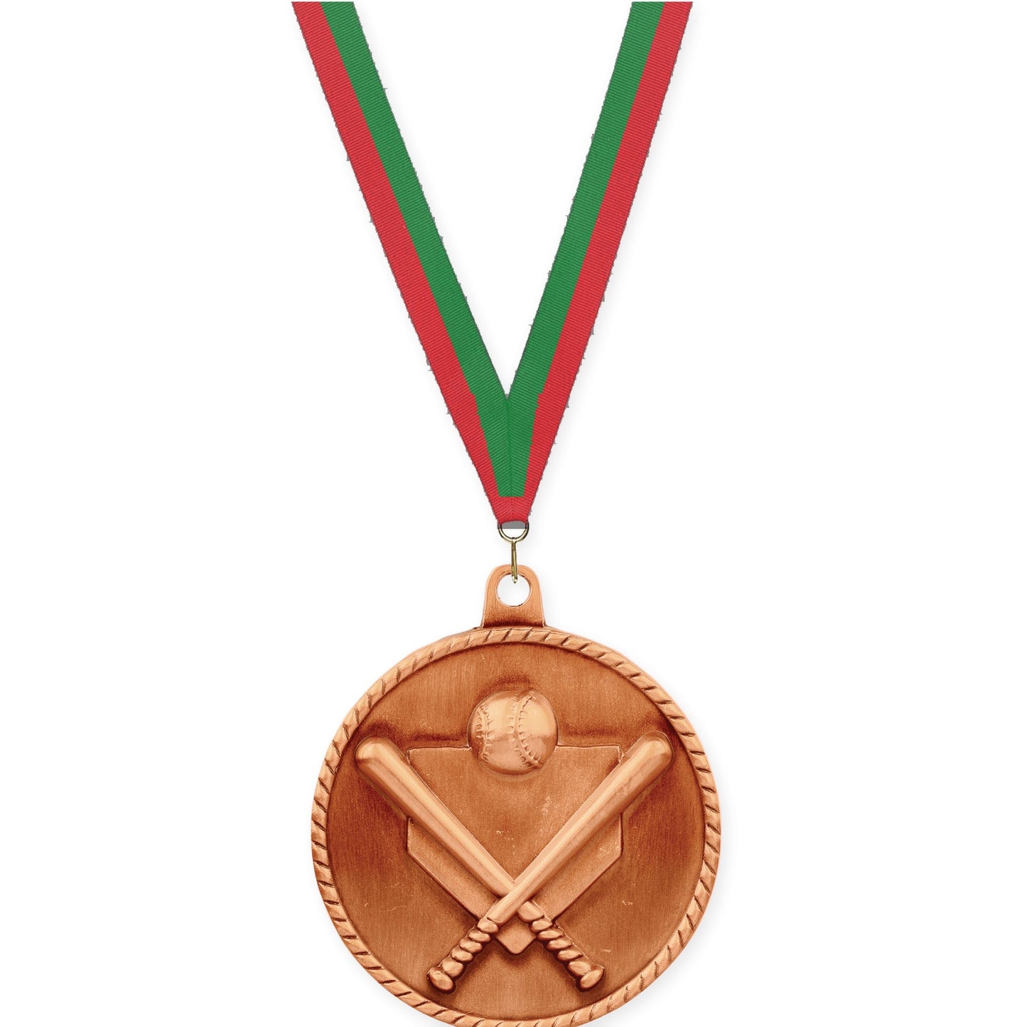 2 inch baseball and softball High Relief medal in antique bronze with Red Green neck ribbon