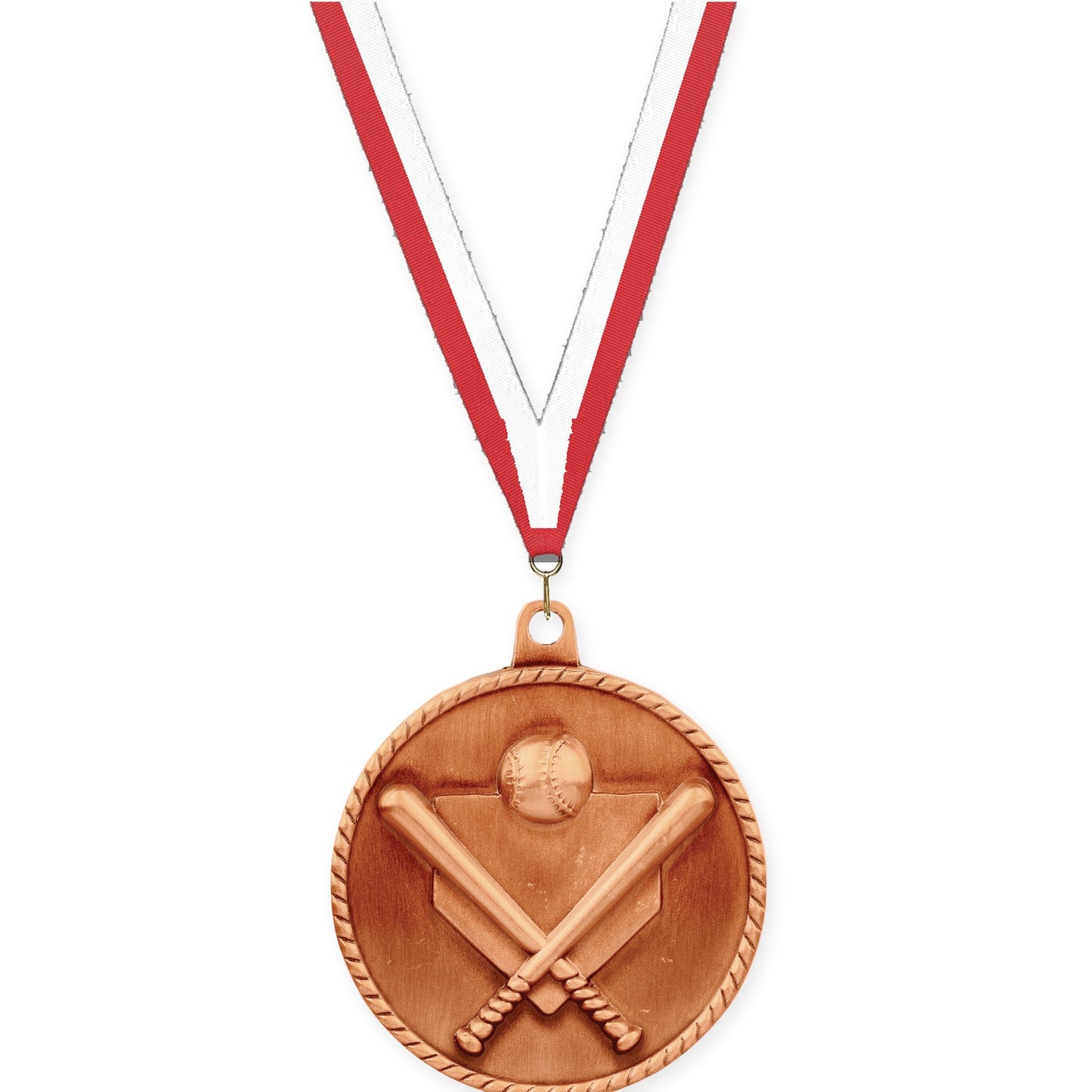 2 inch baseball and softball High Relief medal in antique bronze with Red White neck ribbon