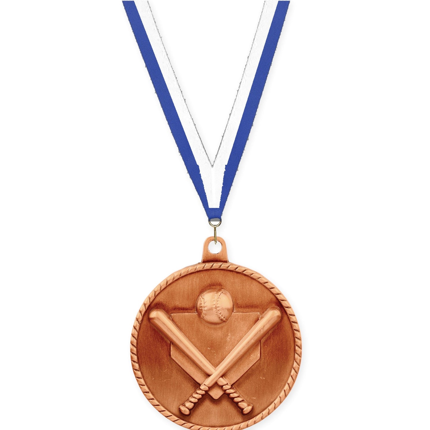 2 inch baseball and softball High Relief medal in antique bronze with Blue White neck ribbon