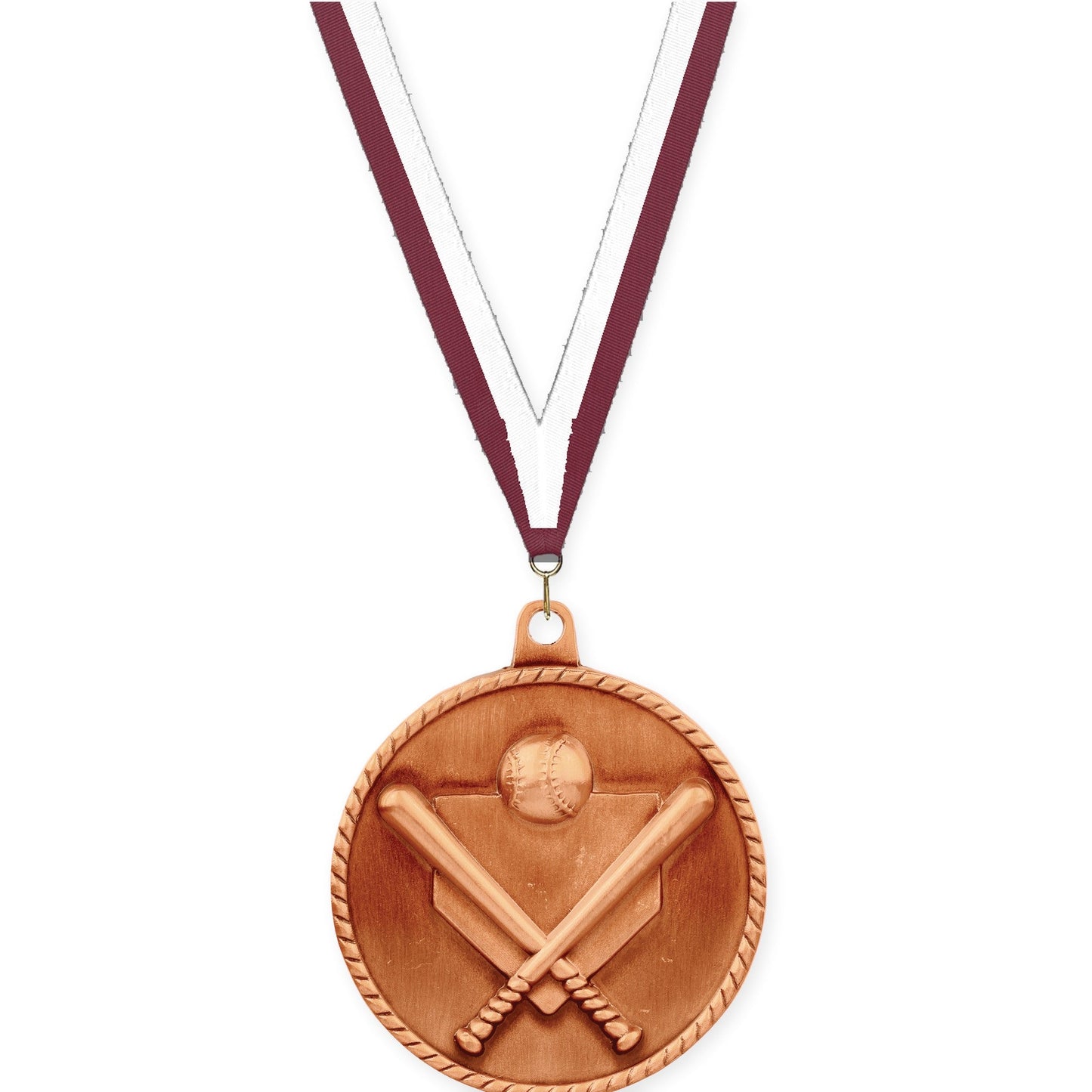 2 inch baseball and softball High Relief medal in antique bronze with Maroon White neck ribbon