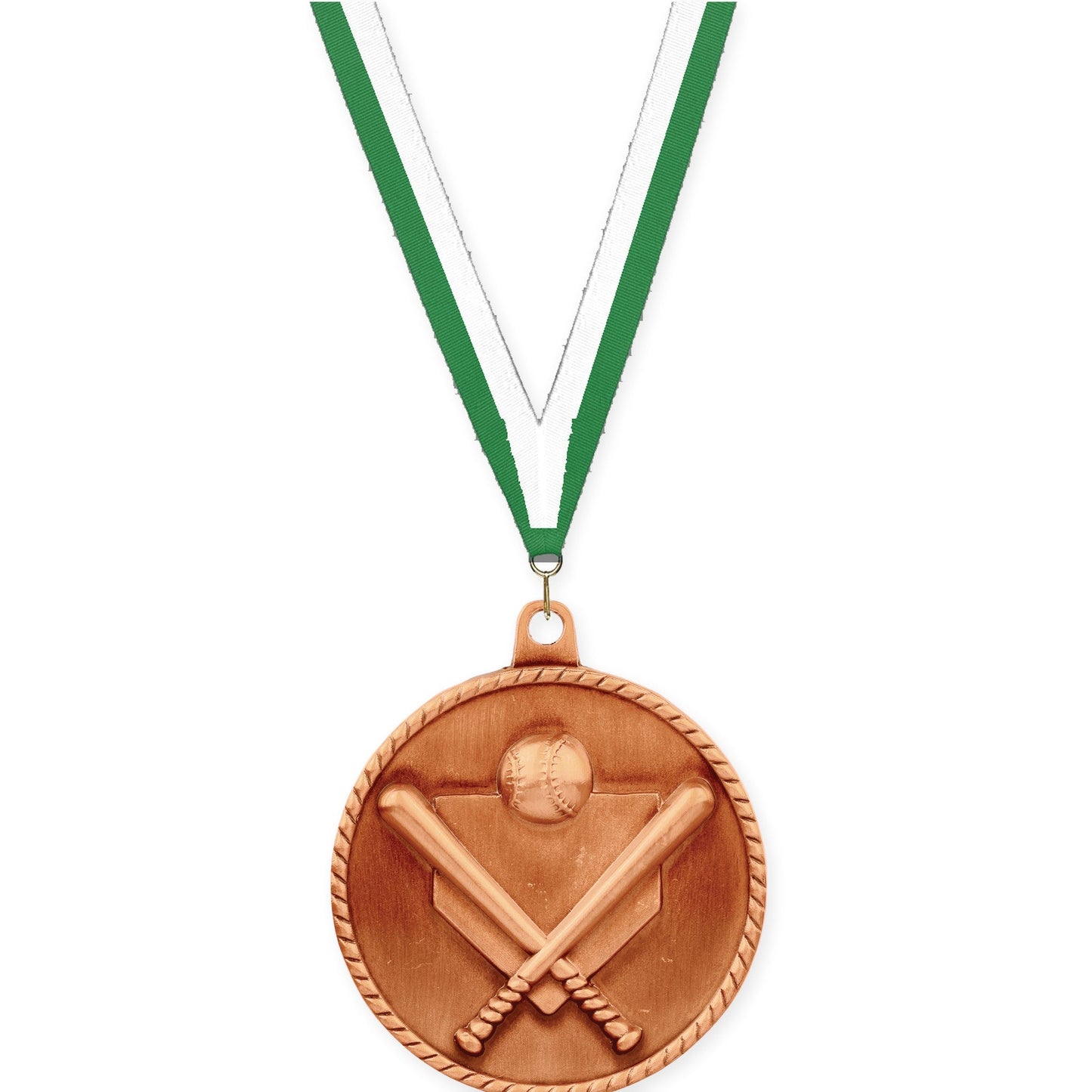 2 inch baseball and softball High Relief medal in antique bronze with Green White neck ribbon