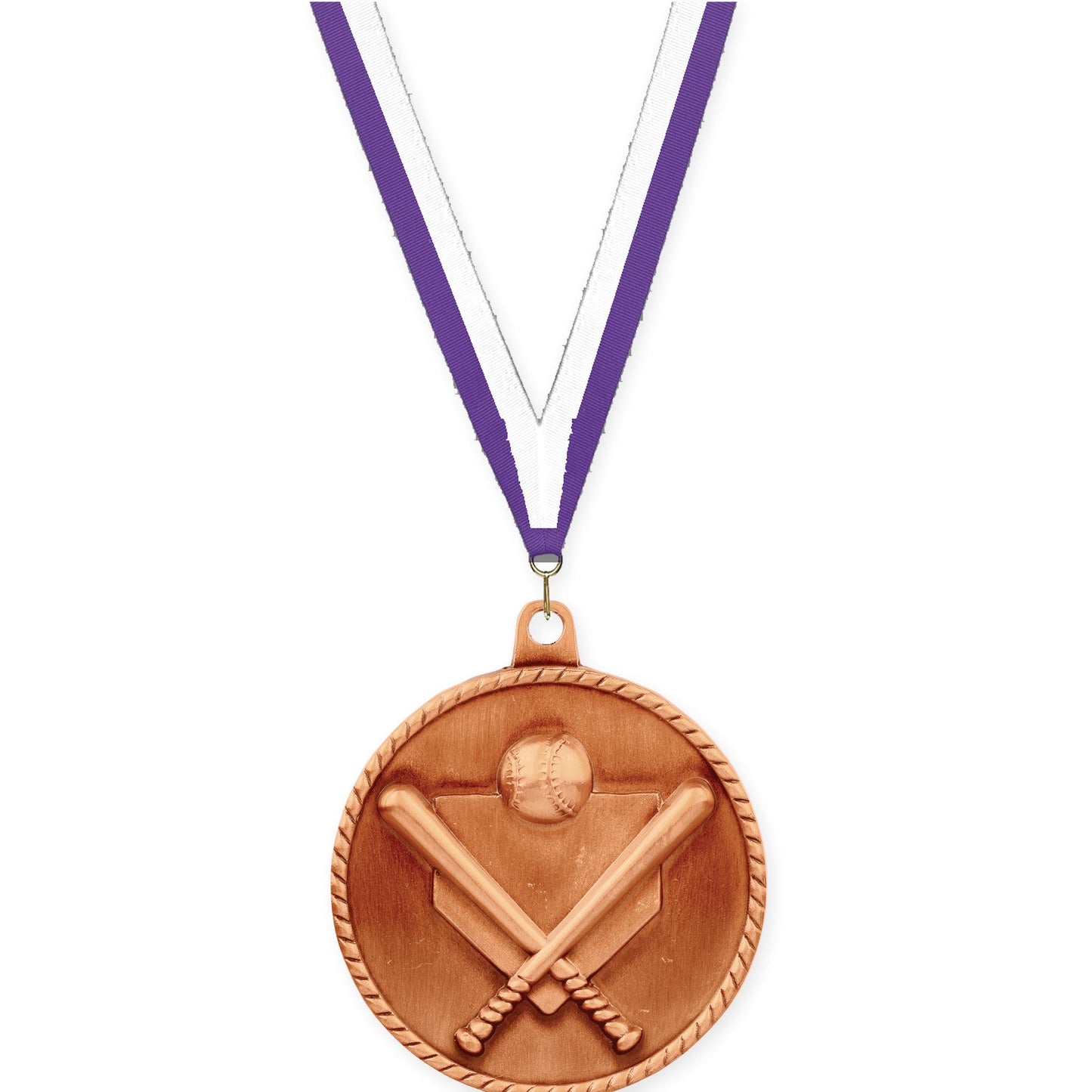 2 inch baseball and softball High Relief medal in antique bronze with Purple White neck ribbon