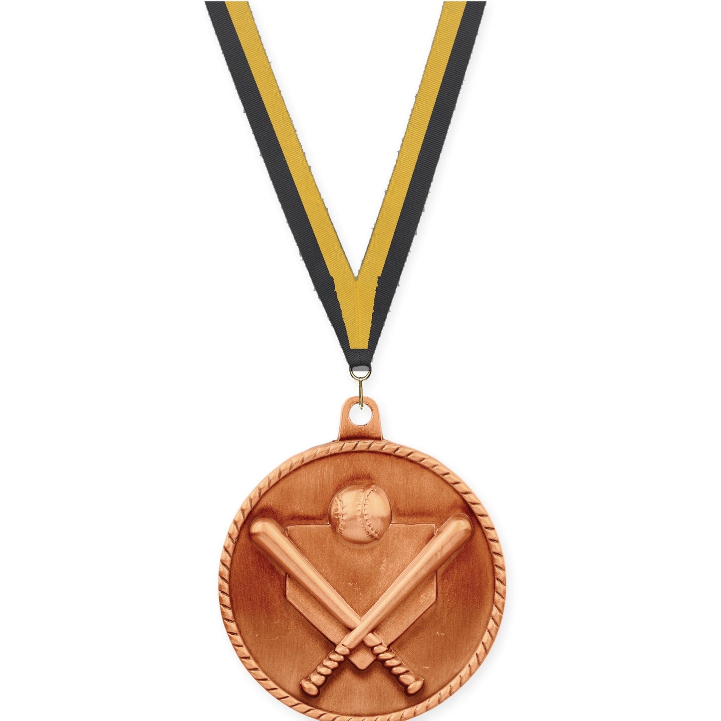2 inch baseball and softball High Relief medal in antique bronze with Black Gold neck ribbon
