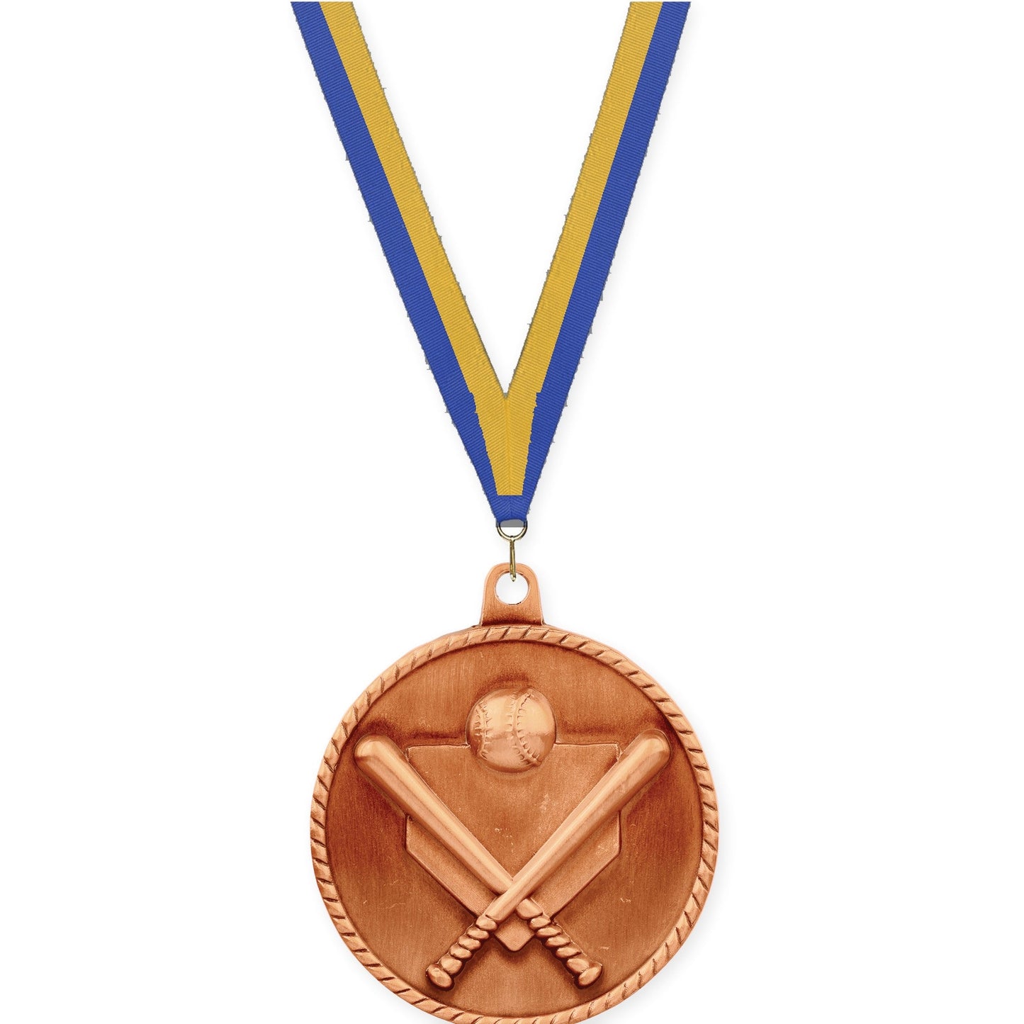 2 inch baseball and softball High Relief medal in antique bronze with Blue Gold neck ribbon