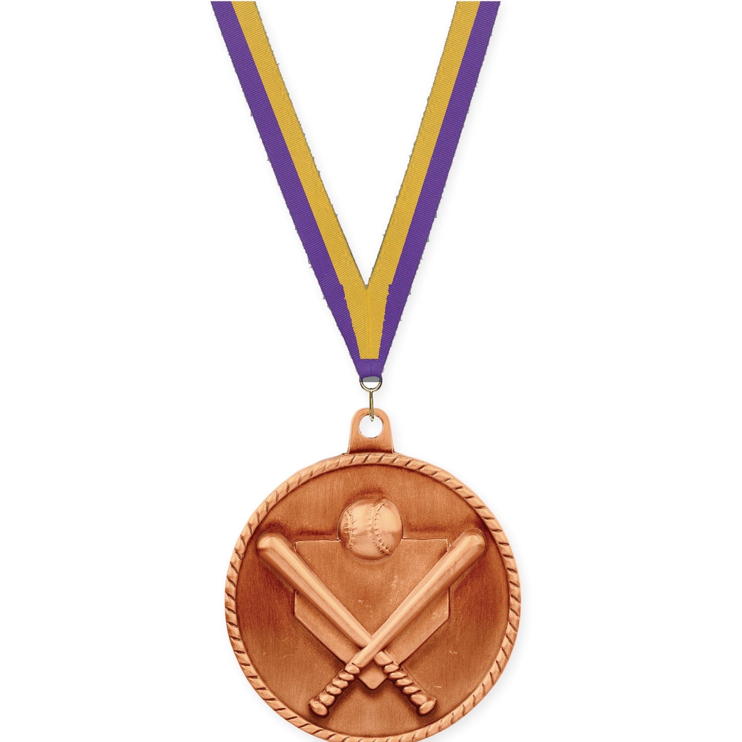 2 inch baseball and softball High Relief medal in antique bronze with Purple Gold neck ribbon