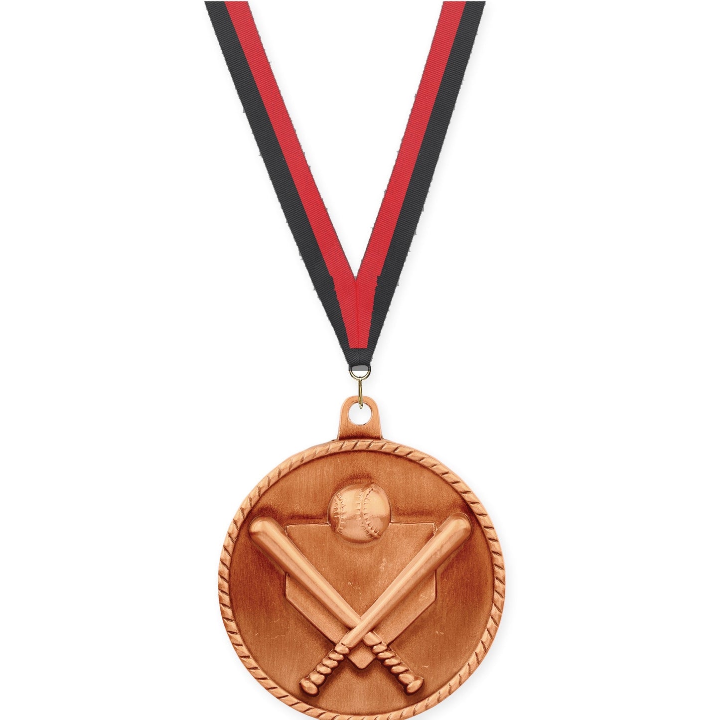 2 inch baseball and softball High Relief medal in antique bronze with Black Red neck ribbon