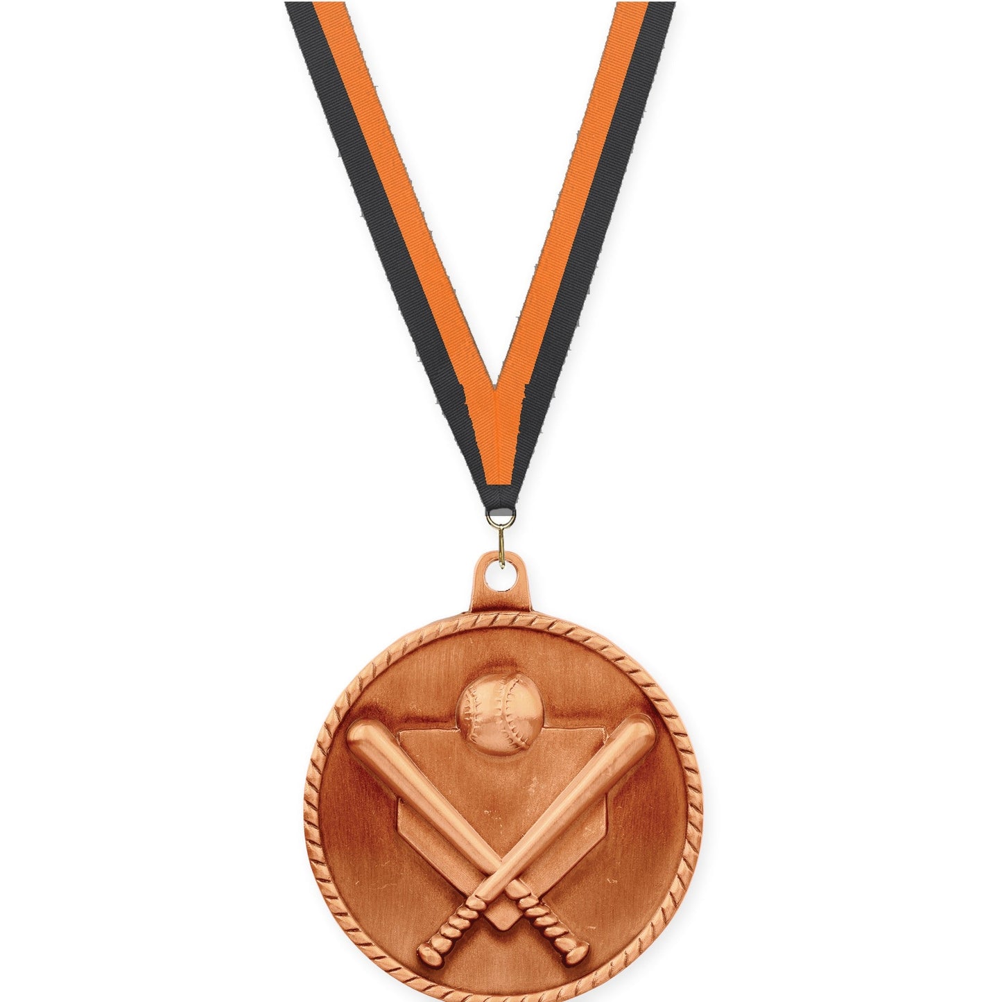 2 inch baseball and softball High Relief medal in antique bronze with Black Orange neck ribbon