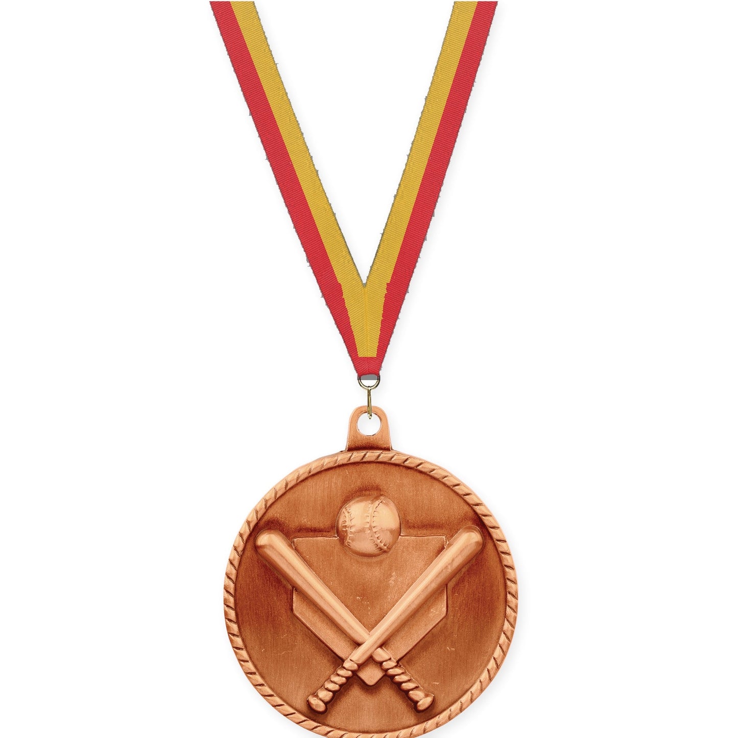 2 inch baseball and softball High Relief medal in antique bronze with Red Gold neck ribbon