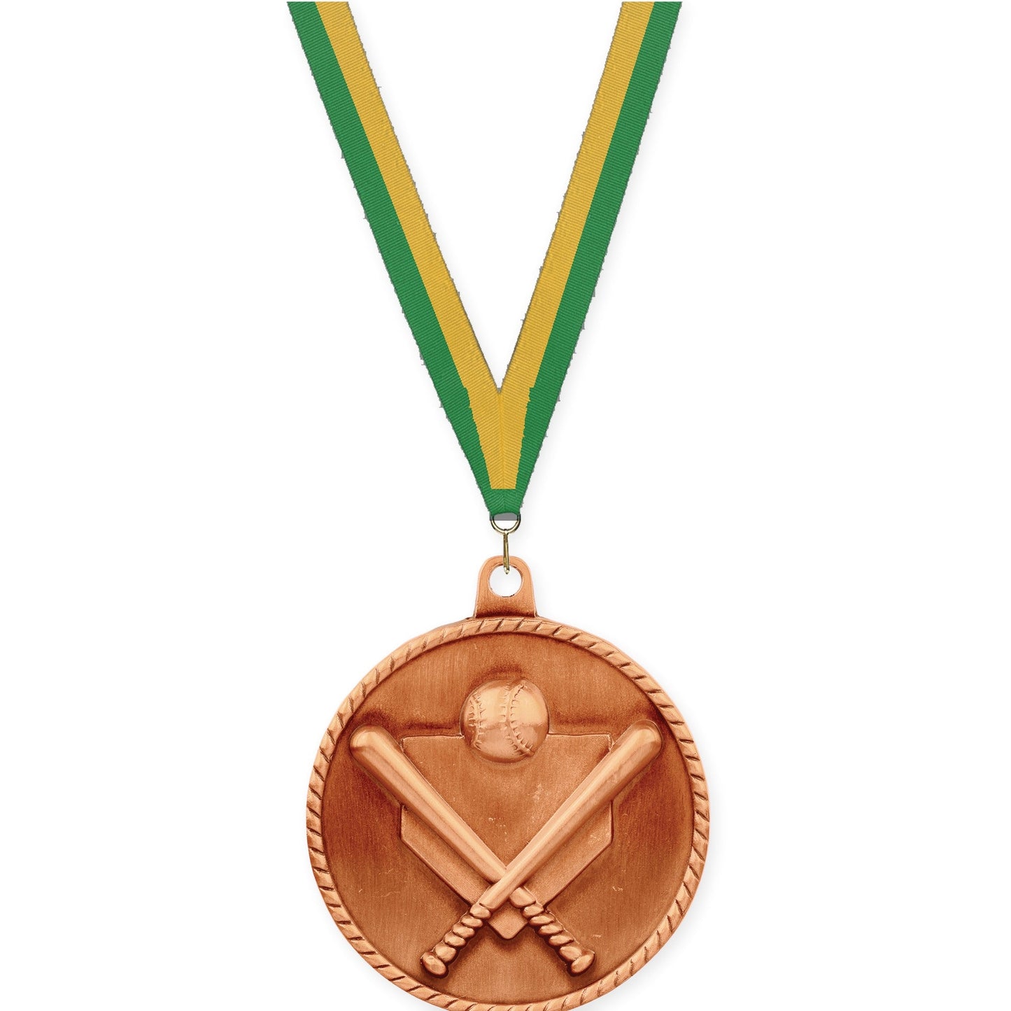 2 inch baseball and softball High Relief medal in antique bronze with Green Gold neck ribbon