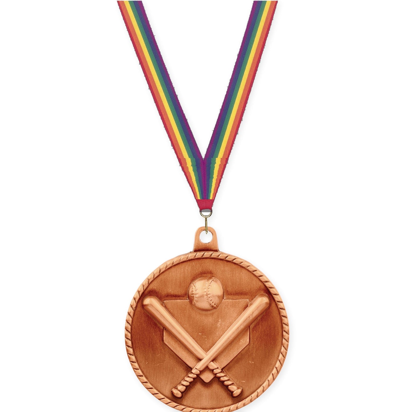 2 inch baseball and softball High Relief medal in antique bronze with Rainbow neck ribbon