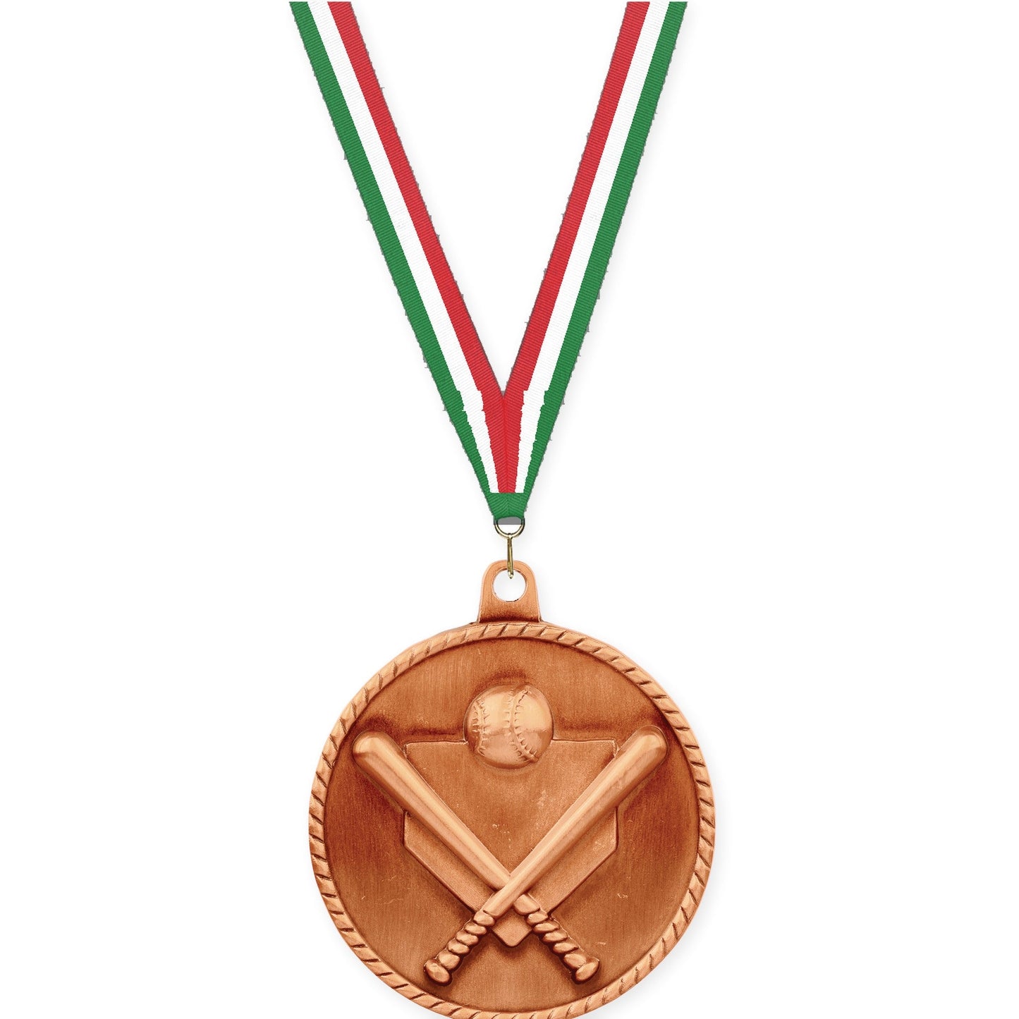 2 inch baseball and softball High Relief medal in antique bronze with Green White Red neck ribbon