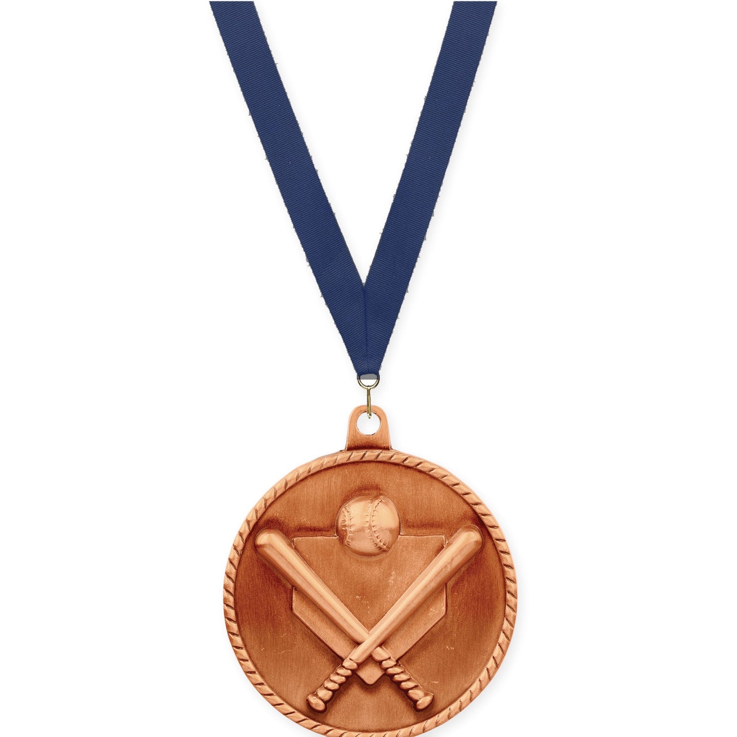 2 inch baseball and softball High Relief medal in antique bronze with Navy neck ribbon
