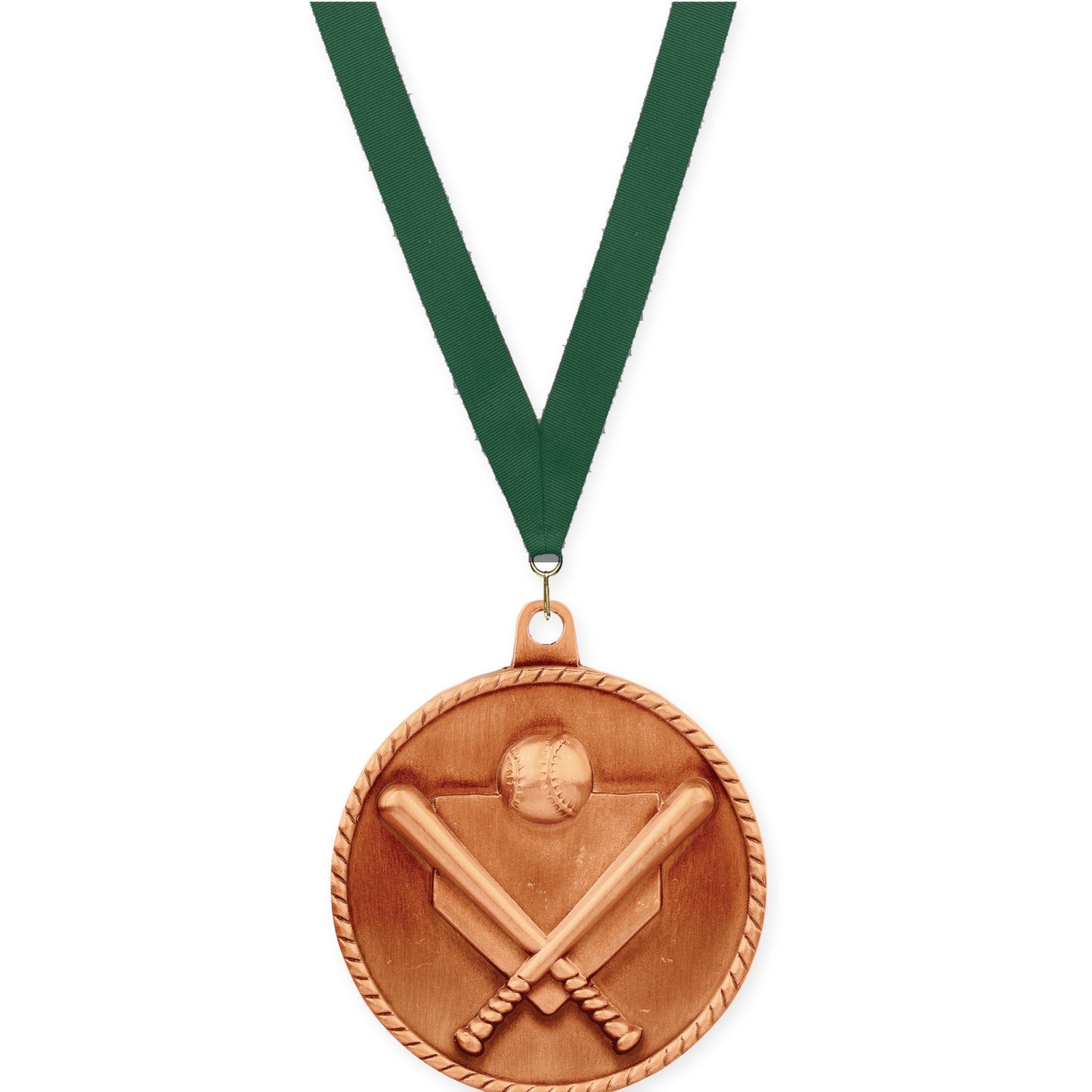 2 inch baseball and softball High Relief medal in antique bronze with Hunter Green neck ribbon