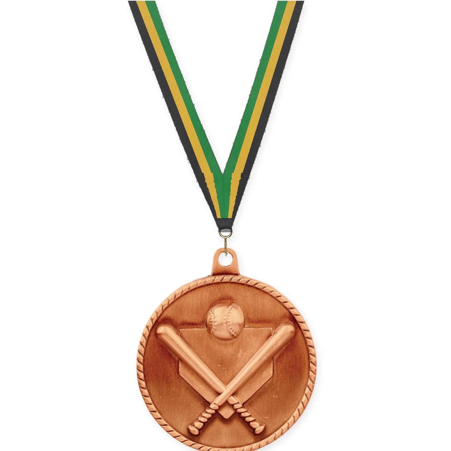 2 inch baseball and softball High Relief medal in antique bronze with Black Gold Green neck ribbon