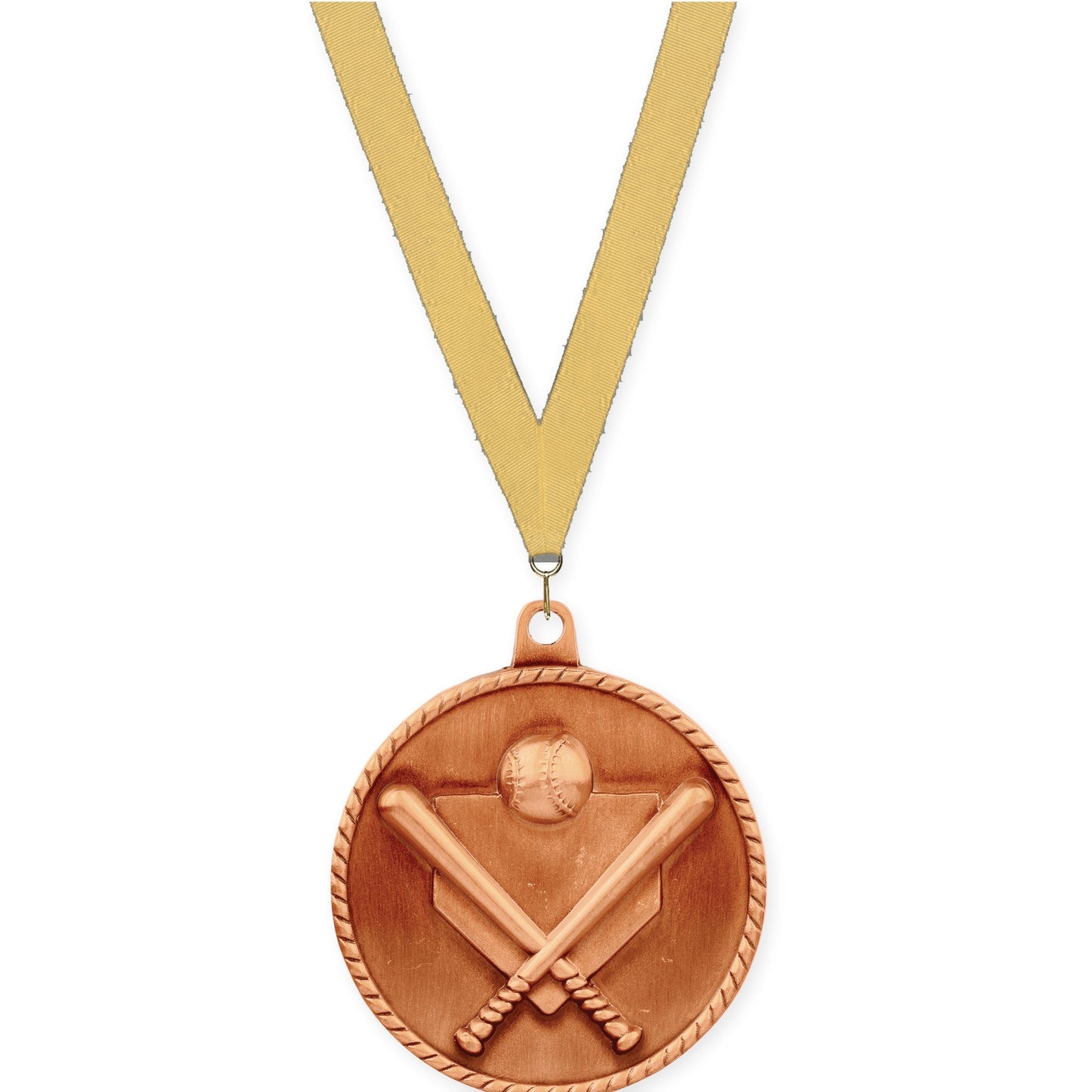 2 inch baseball and softball High Relief medal in antique bronze with Gold Metallic neck ribbon