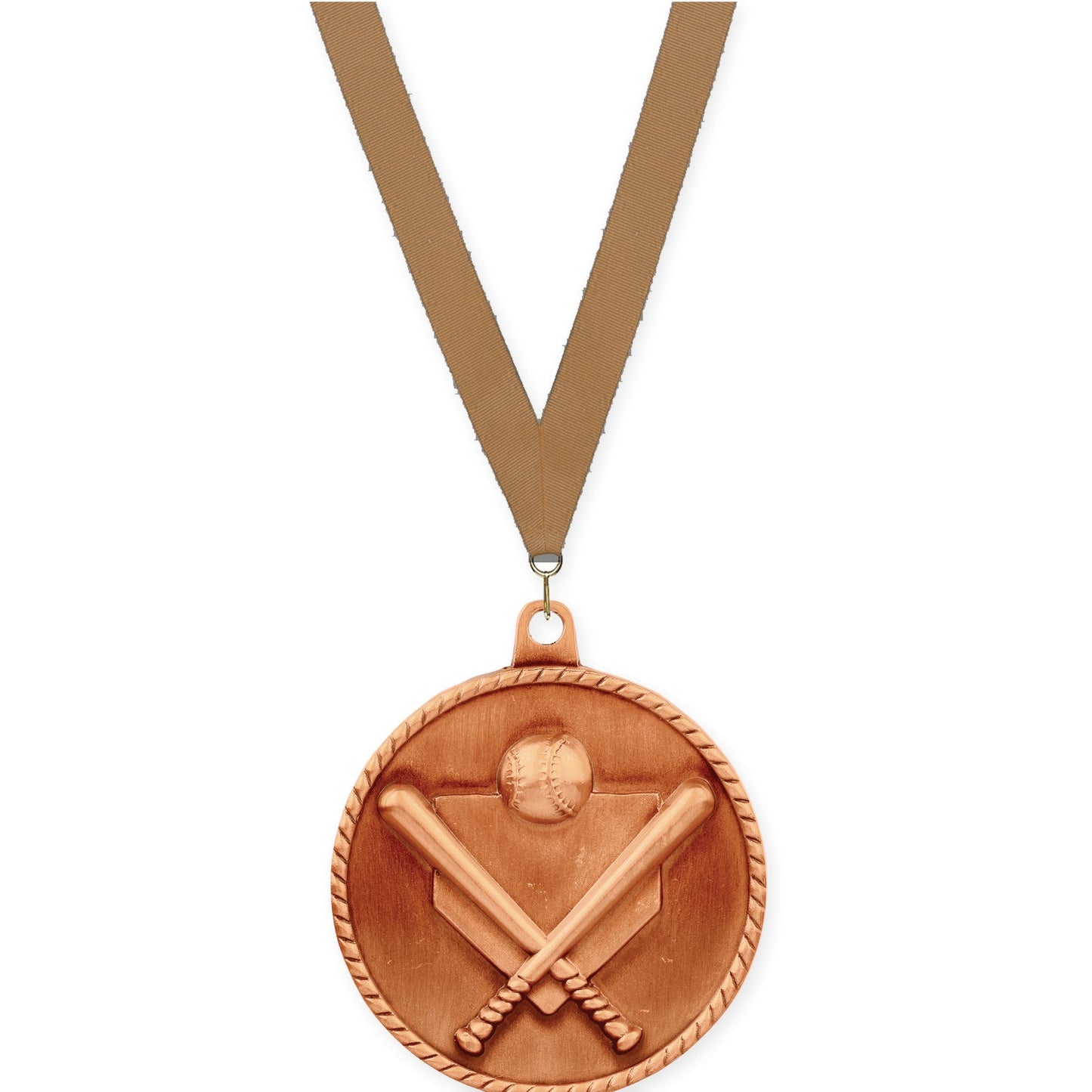 2 inch baseball and softball High Relief medal in antique bronze with Bronze Metallic neck ribbon