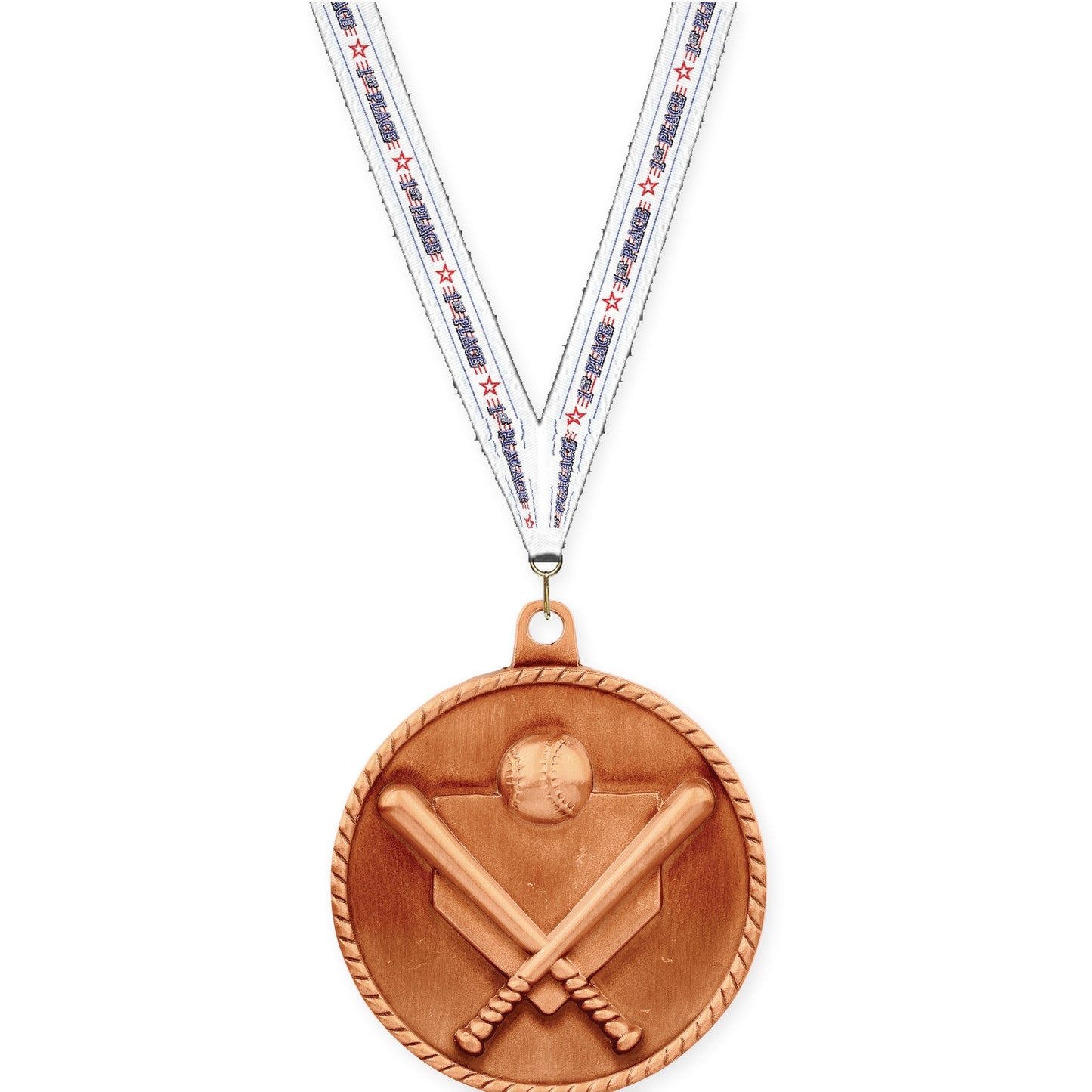 2 inch baseball and softball High Relief medal in antique bronze with 1st Place neck ribbon