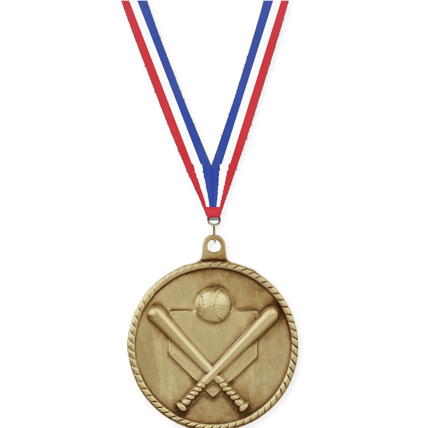 2 inch baseball and softball High Relief medal in antique gold with Red White Blue neck ribbon