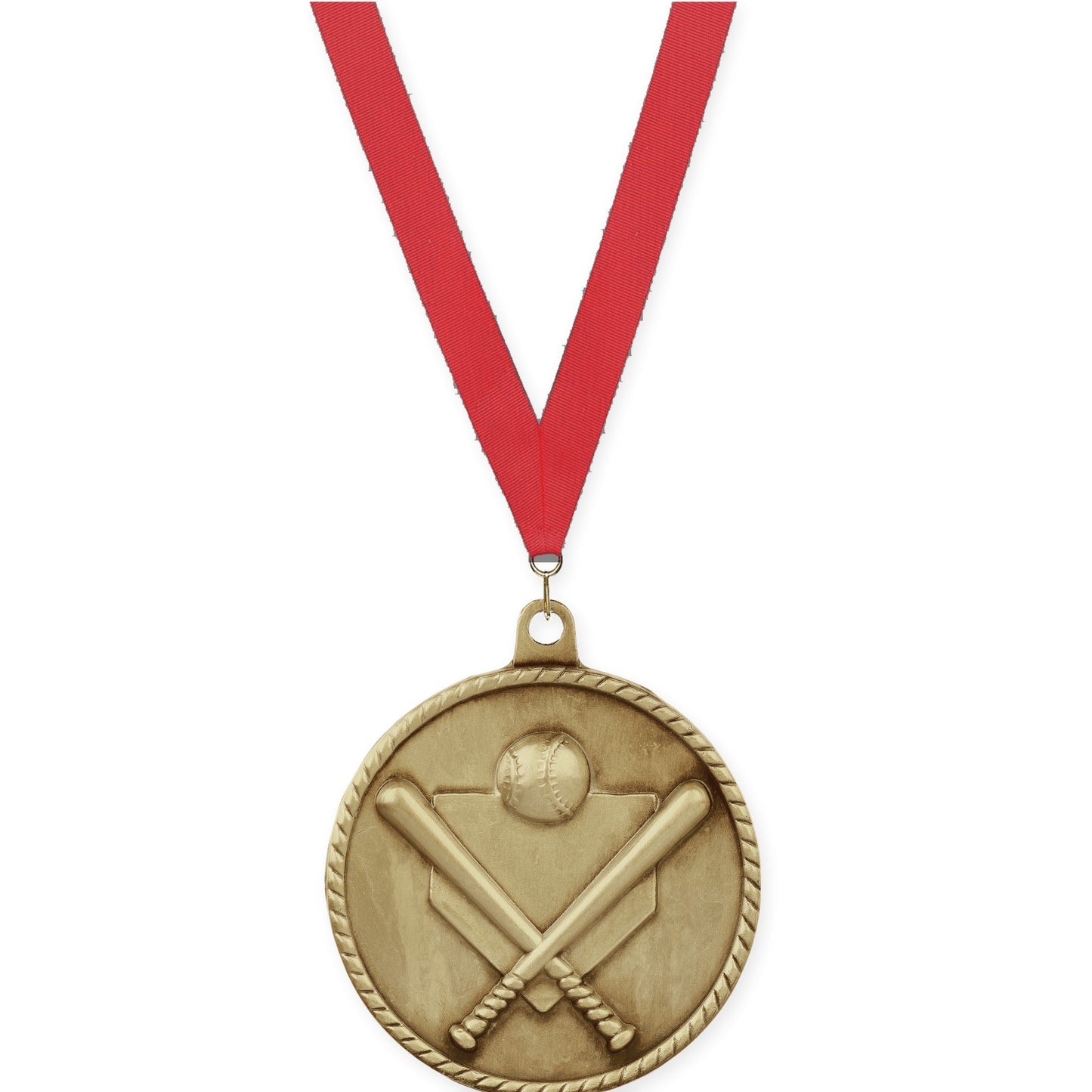 2 inch baseball and softball High Relief medal in antique gold with Red neck ribbon