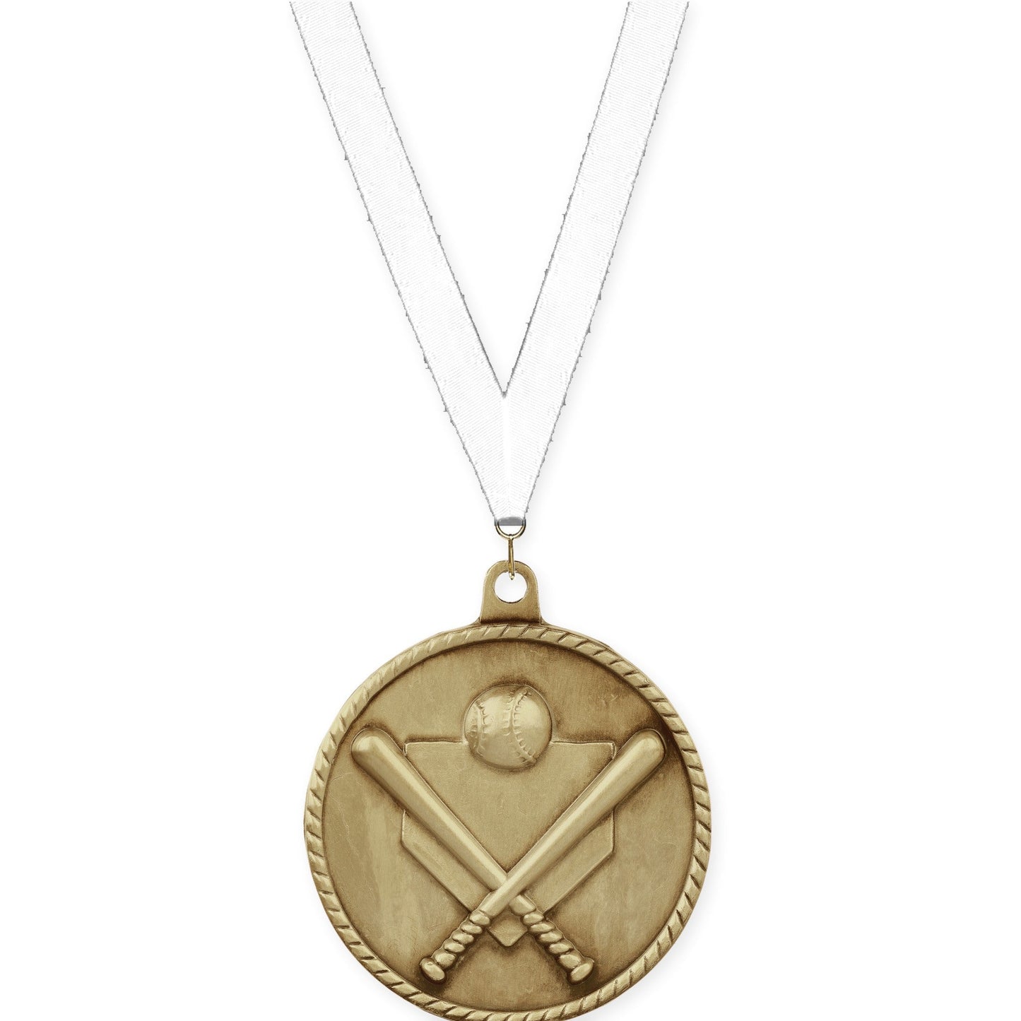 2 inch baseball and softball High Relief medal in antique gold with White neck ribbon