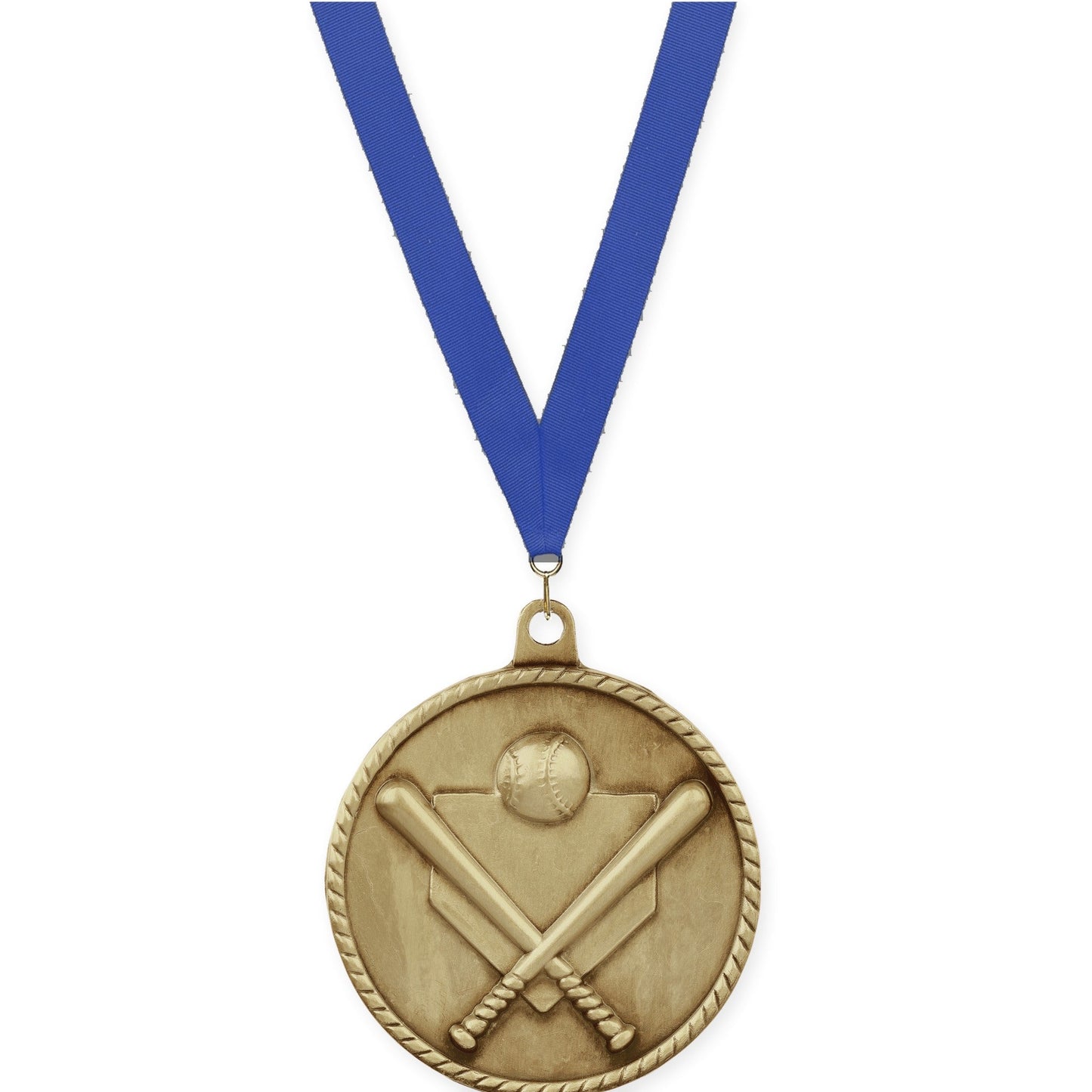 2 inch baseball and softball High Relief medal in antique gold with Blue neck ribbon