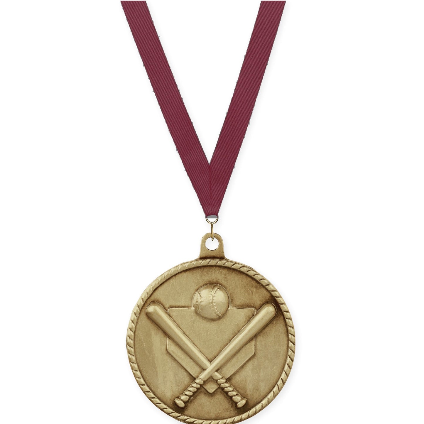 2 inch baseball and softball High Relief medal in antique gold with Maroon neck ribbon
