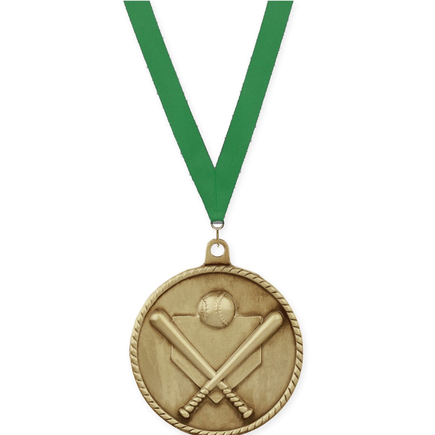 2 inch baseball and softball High Relief medal in antique gold with Green neck ribbon