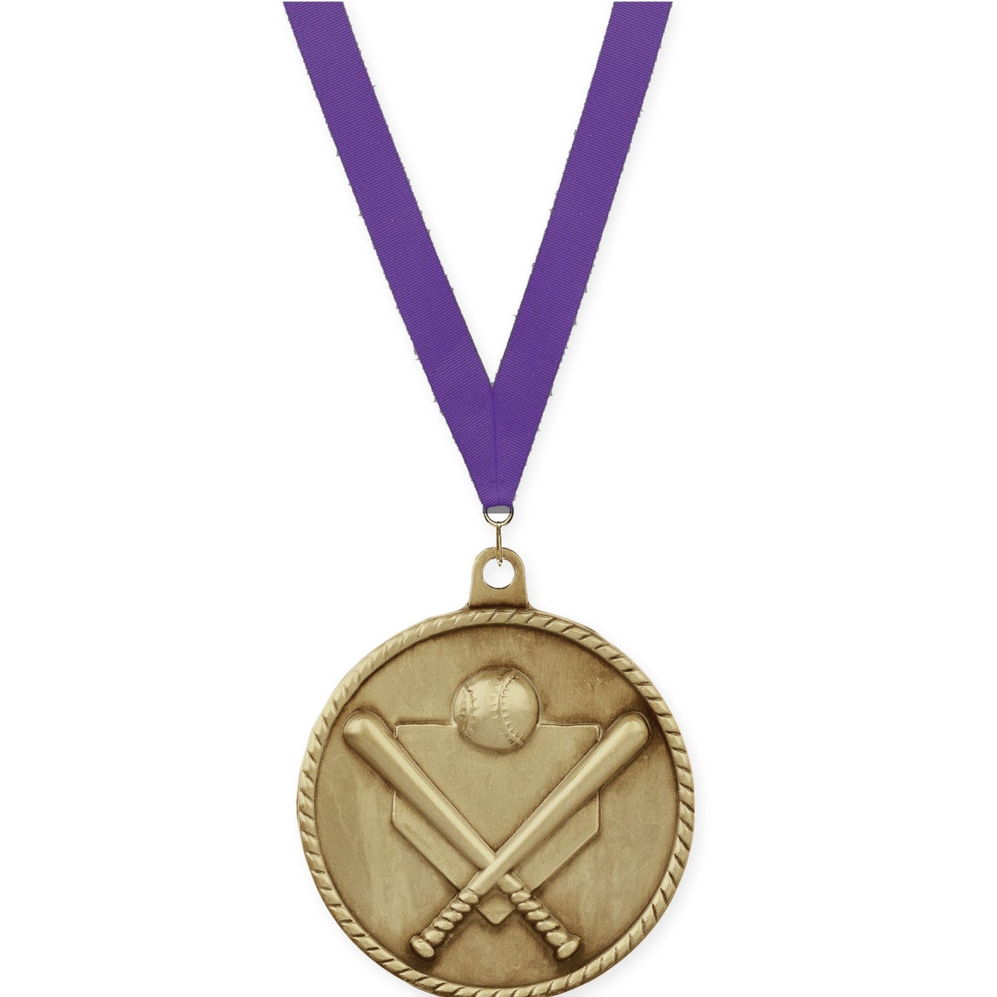 2 inch baseball and softball High Relief medal in antique gold with Purple neck ribbon