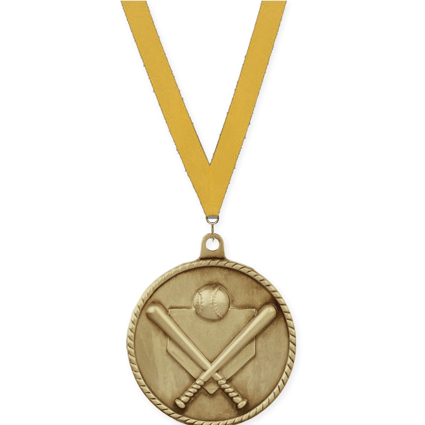 2 inch baseball and softball High Relief medal in antique gold with Gold neck ribbon