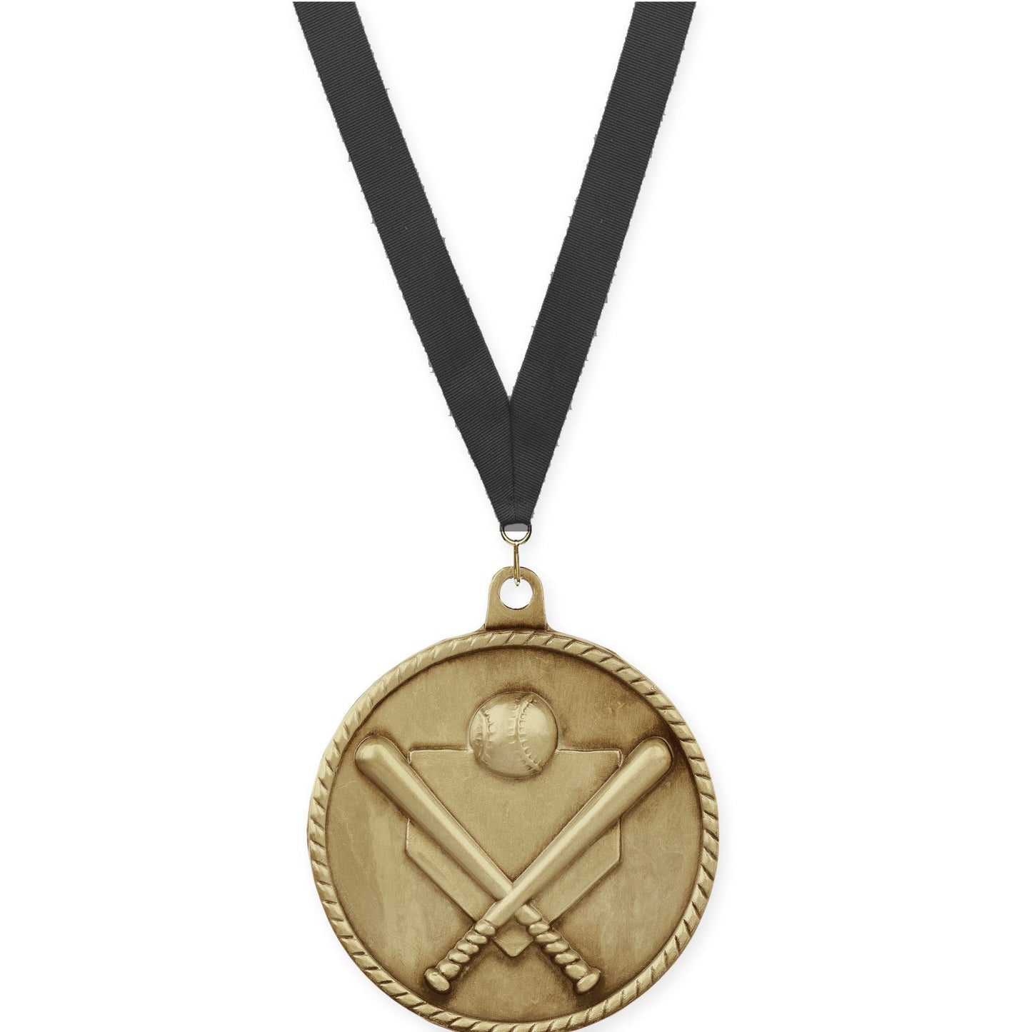 2 inch baseball and softball High Relief medal in antique gold with Black neck ribbon