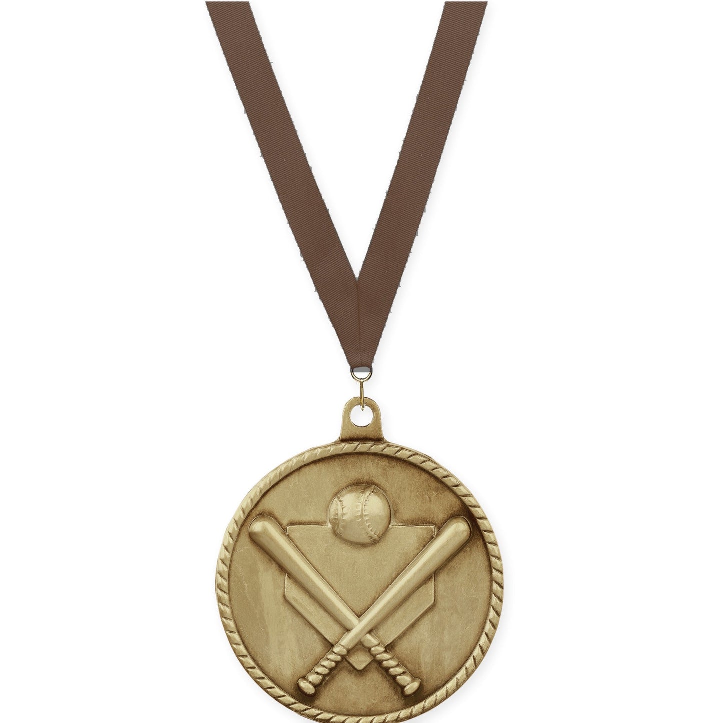 2 inch baseball and softball High Relief medal in antique gold with Brown neck ribbon