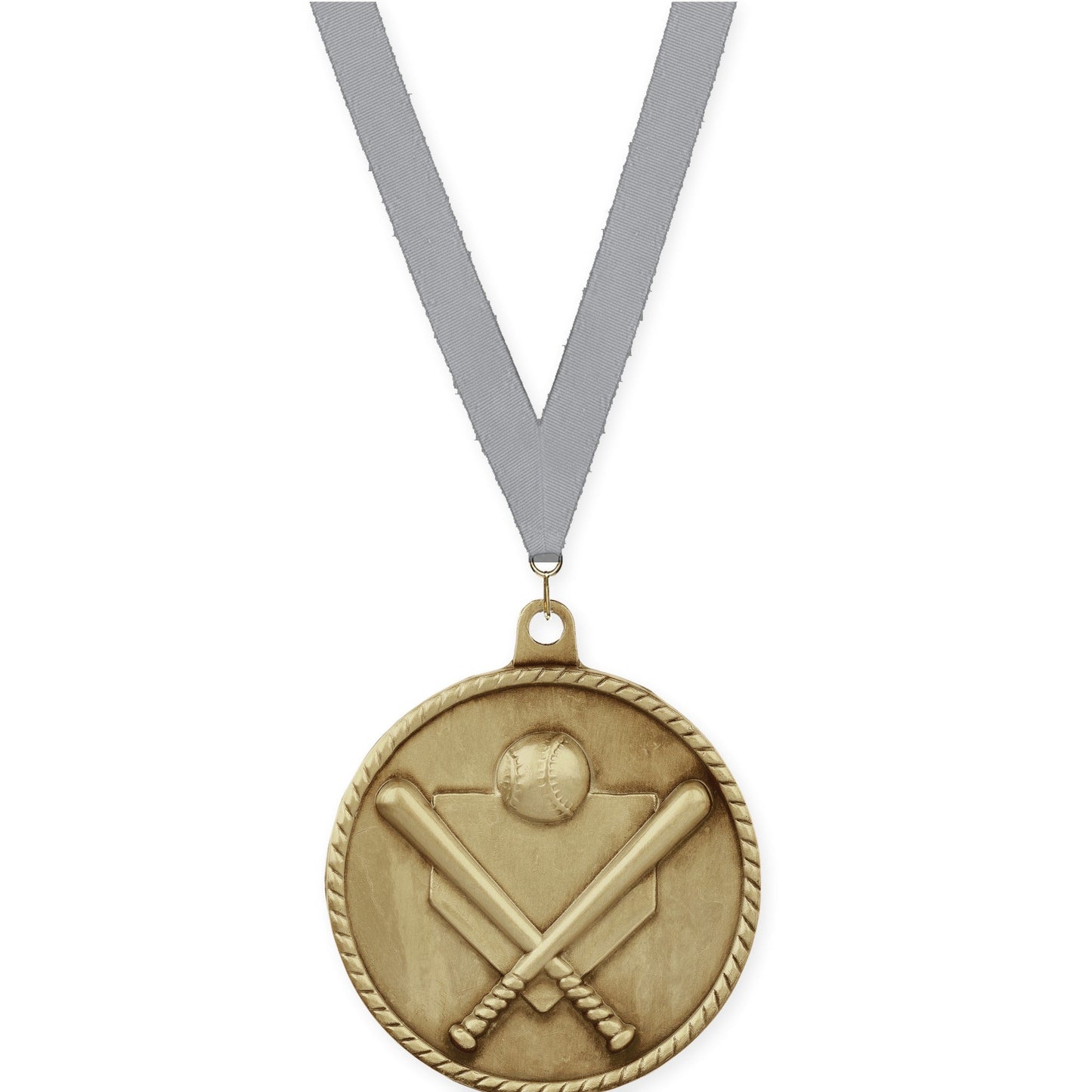 2 inch baseball and softball High Relief medal in antique gold with Gray neck ribbon